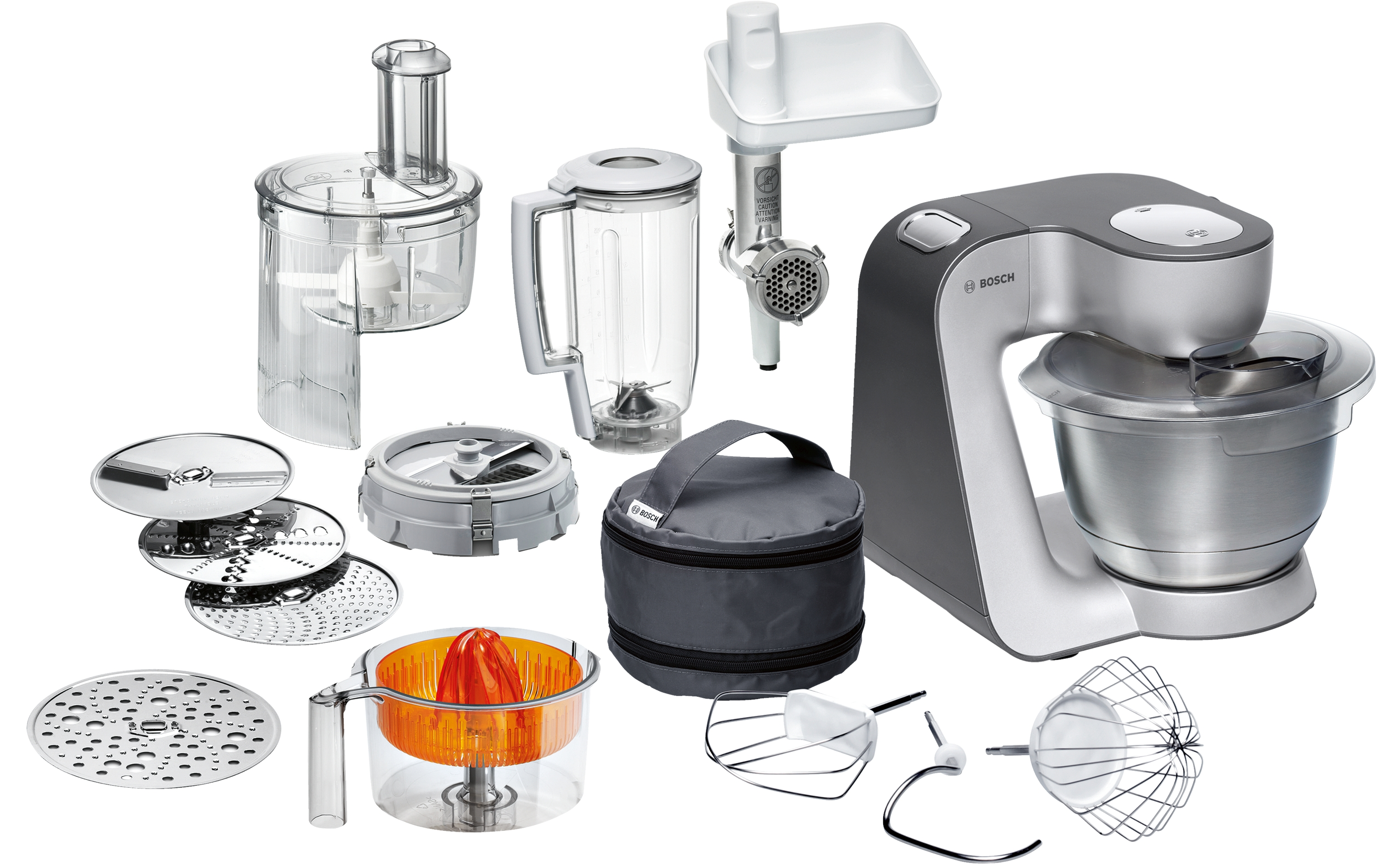 Robot kuchenny z akcesoriami: blender, maszynka do mięsa, wyciskarka do cytrusów, misy.