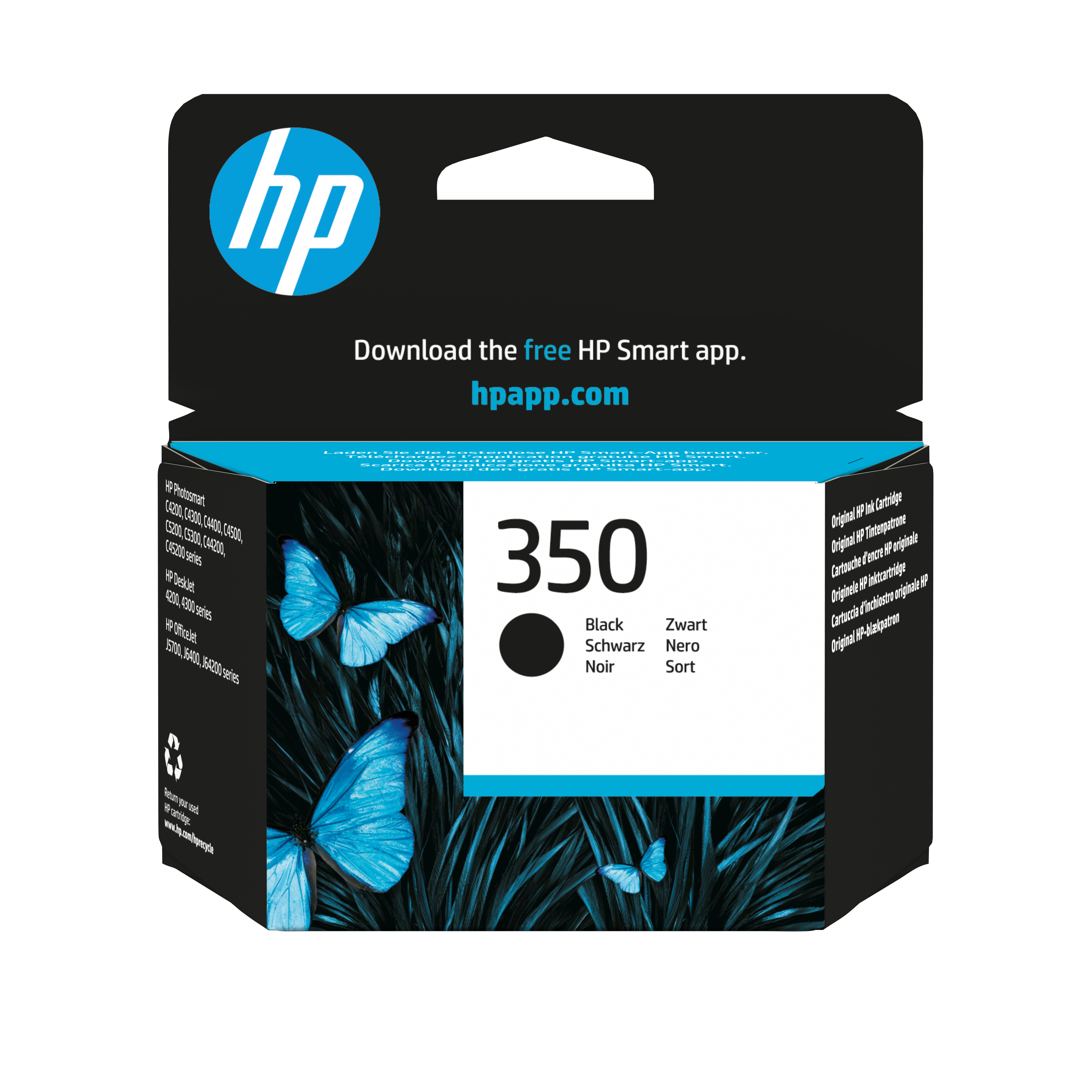 Tusz HP 350 z motywem motyla i szczegółami produktu.