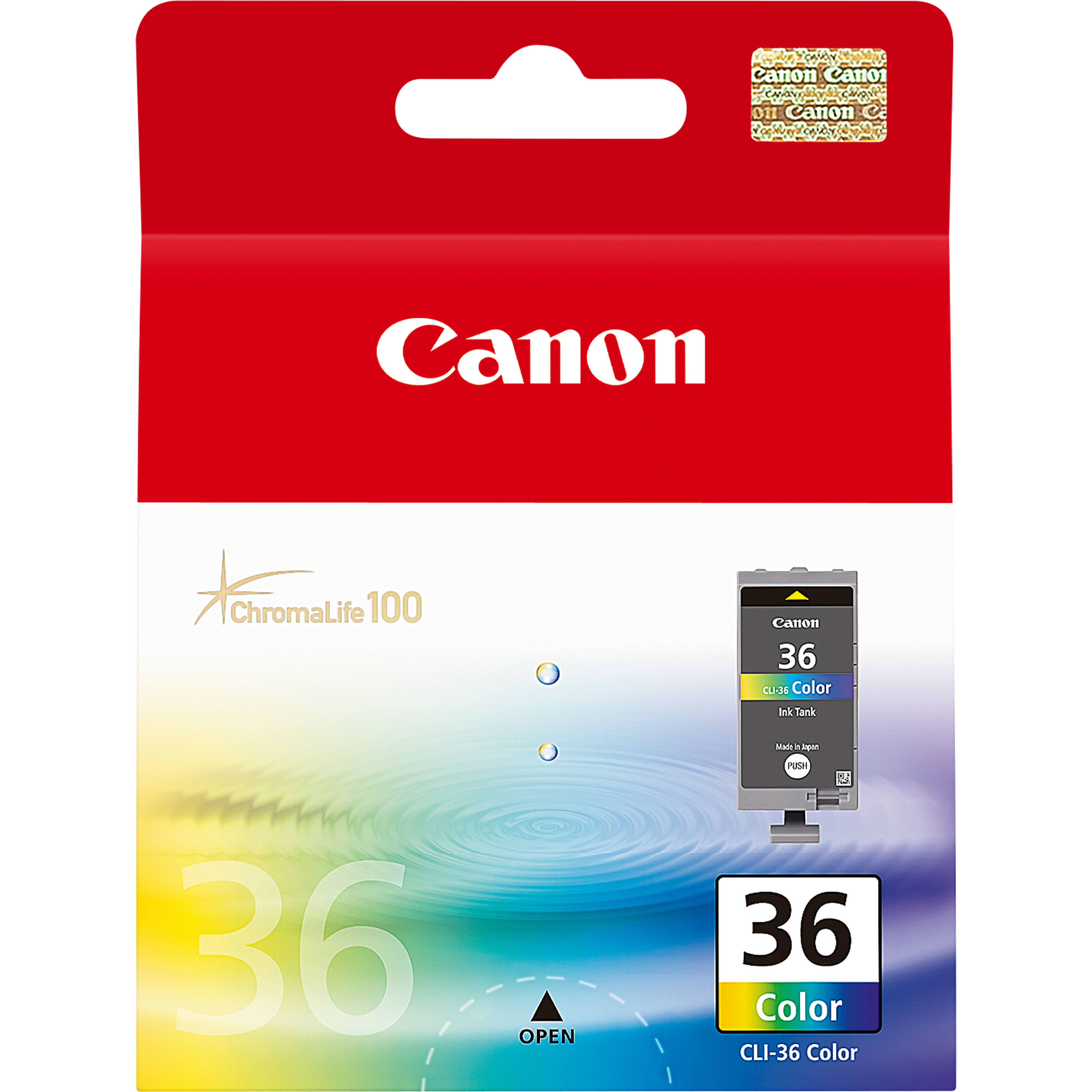 Kolorowy tusz Canon CLI-36 na białym tle z gradientem i kroplami.