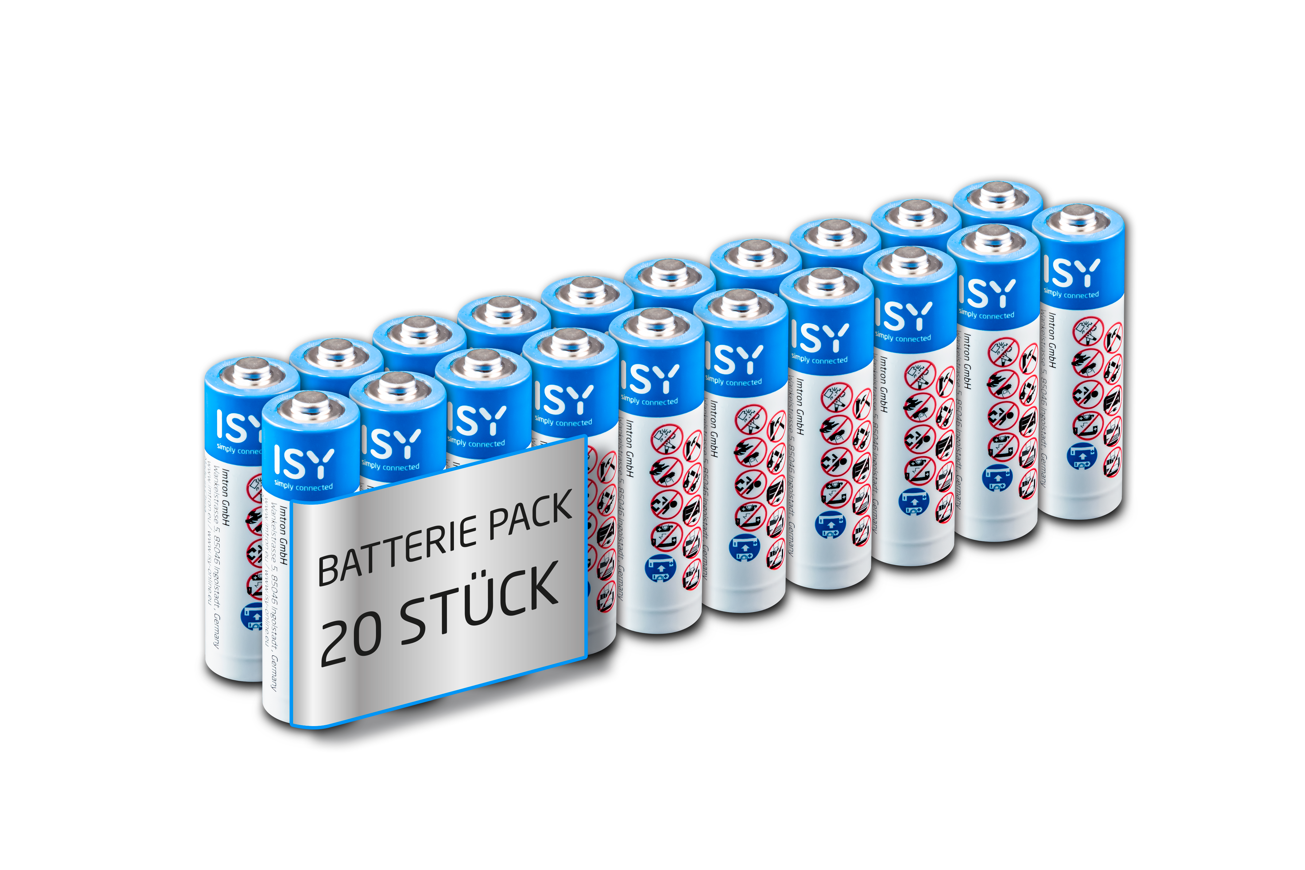 Opakowanie 20 niebieskich baterii ISY z symbolami ostrzegawczymi na czarnym tle.