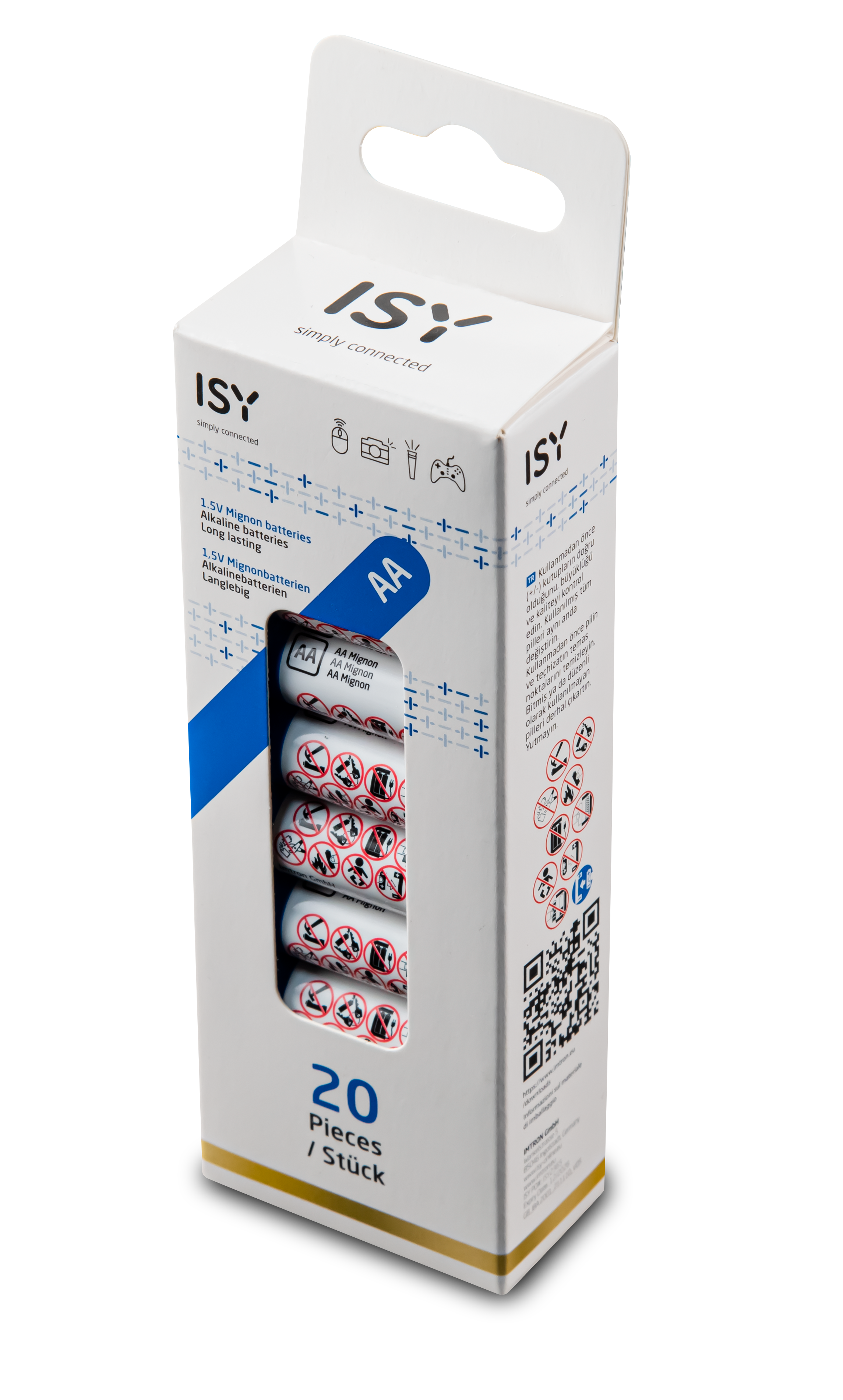 Opakowanie baterii alkalicznych ISY AA Mignon, 20 sztuk. Ostrzeżenia na opakowaniu.