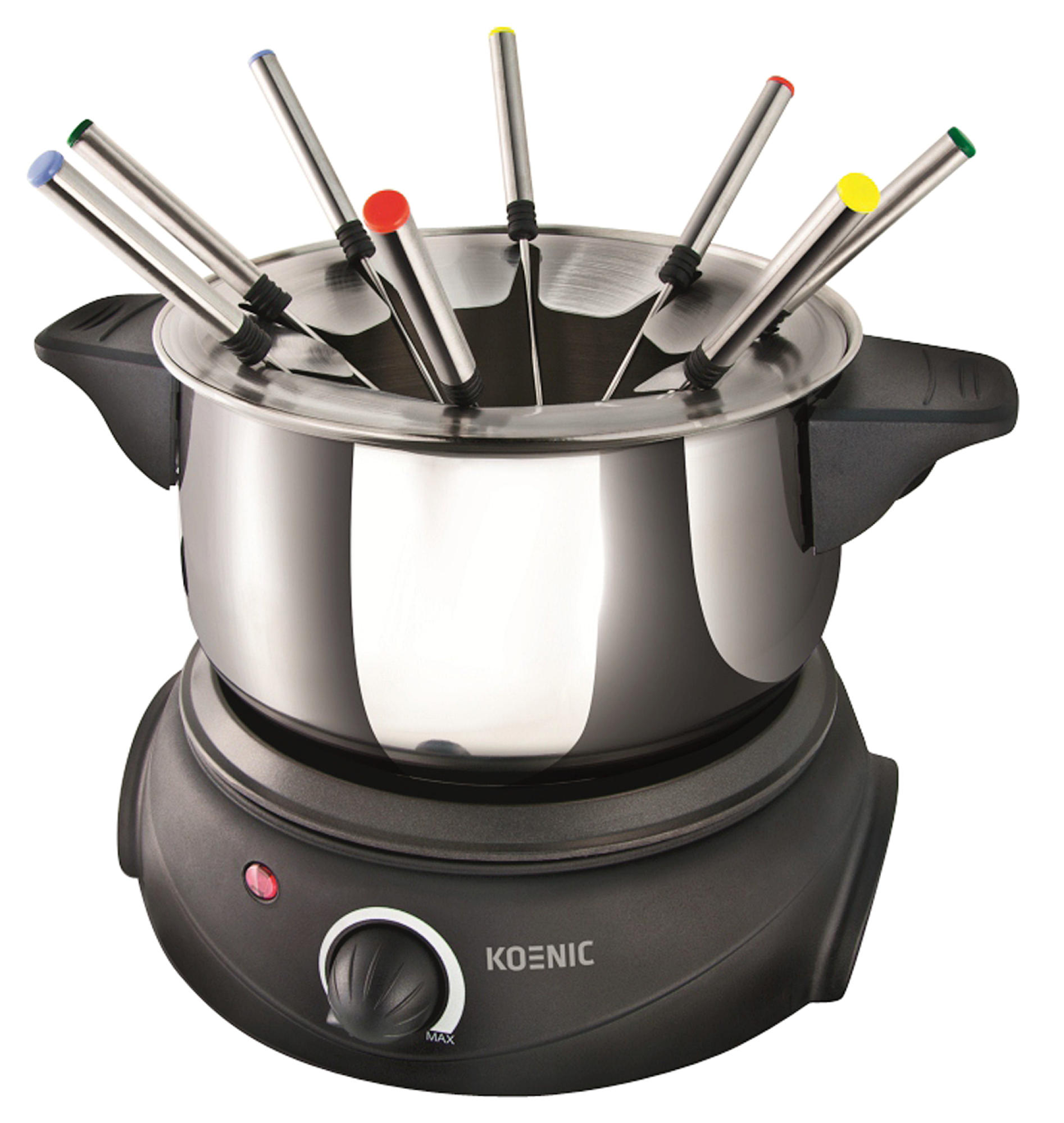Elektryczny zestaw do fondue z garnkiem ze stali nierdzewnej, podstawką i ośmioma kolorowymi szpikulcami.