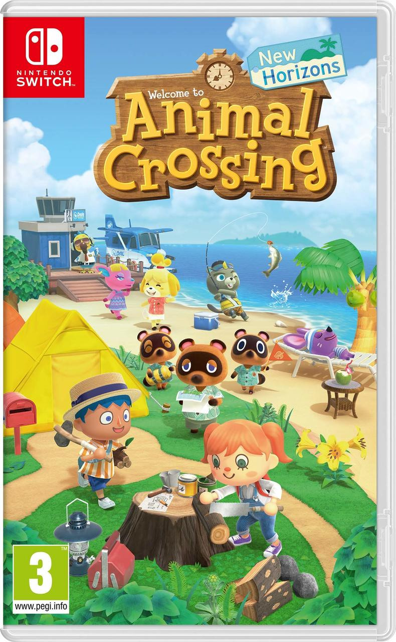 Gra Nintendo Switch: Animal Crossing New Horizons. Postacie na plaży z namiotem, samolotem i morzem.