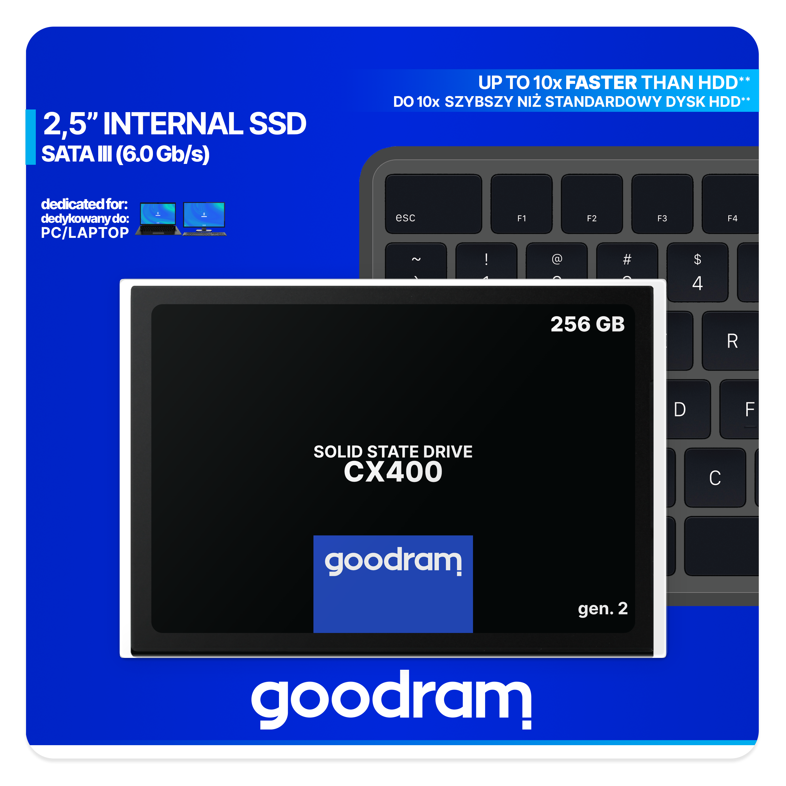 Dysk SSD 2,5 cala 256 GB, model CX400, na klawiaturze.