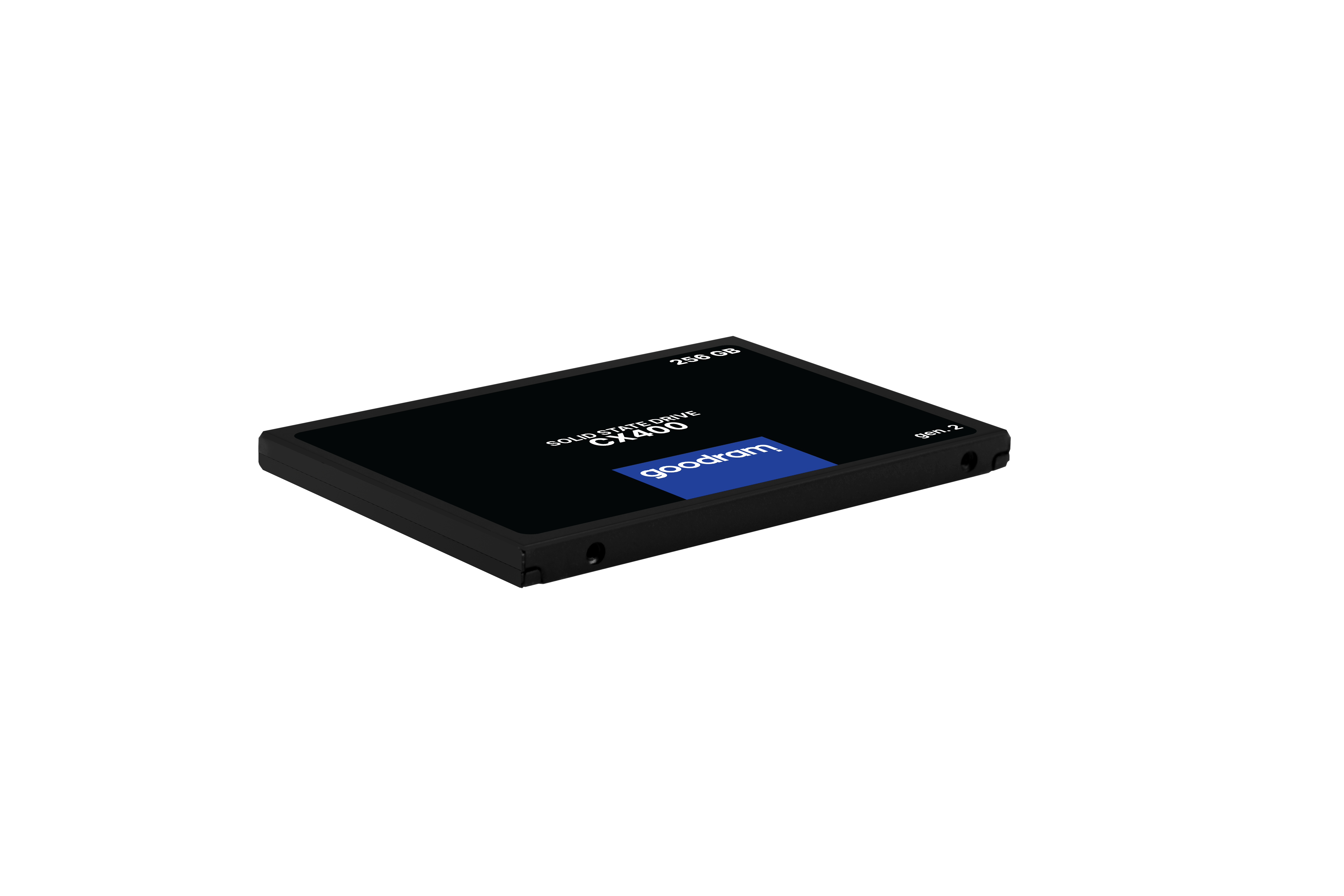 Czarny dysk SSD M.2 256 GB z logo Goodram na czarnym tle.