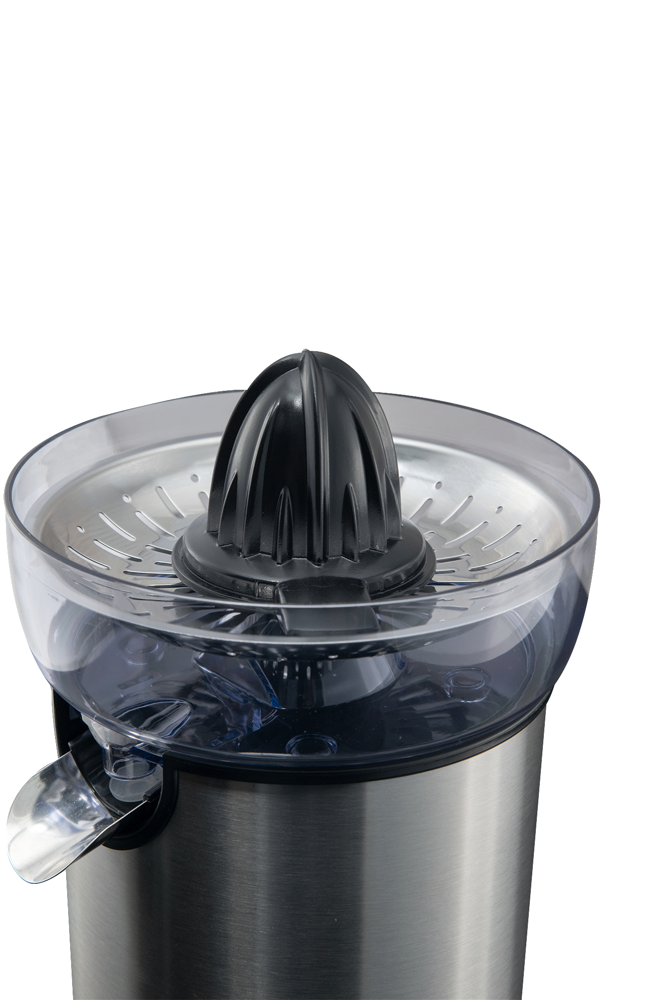 Srebrna wyciskarka z czarnym stożkiem i przezroczystym pojemnikiem.