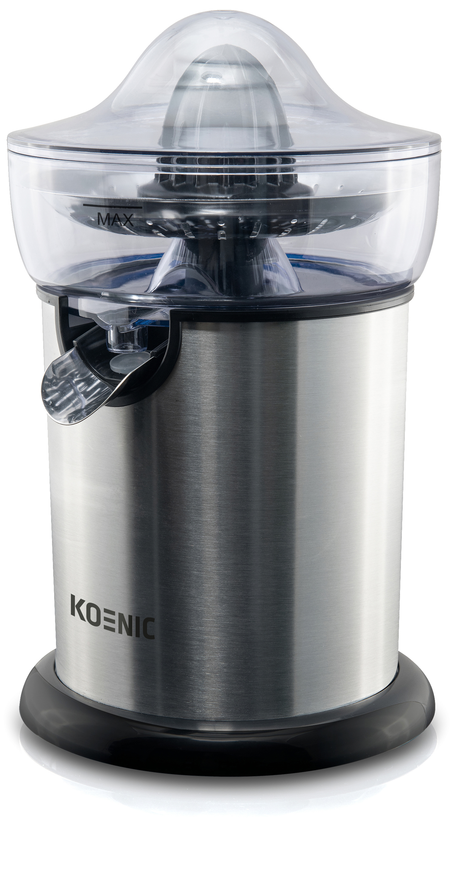 Srebrna elektryczna wyciskarka do cytrusów z przezroczystą pokrywą i dziubkiem.