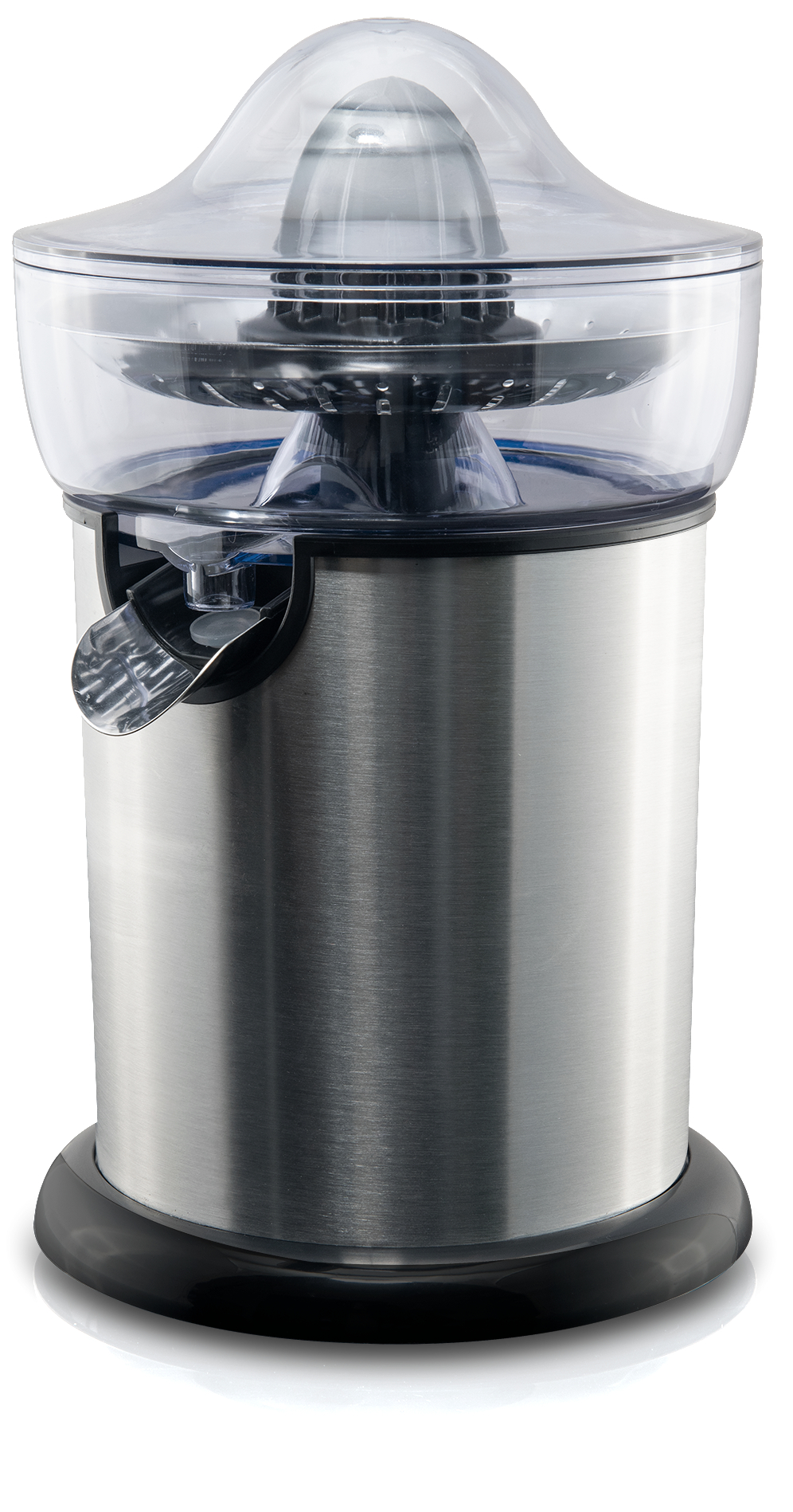 Srebrna wyciskarka z przezroczystą pokrywą i czarną podstawą.