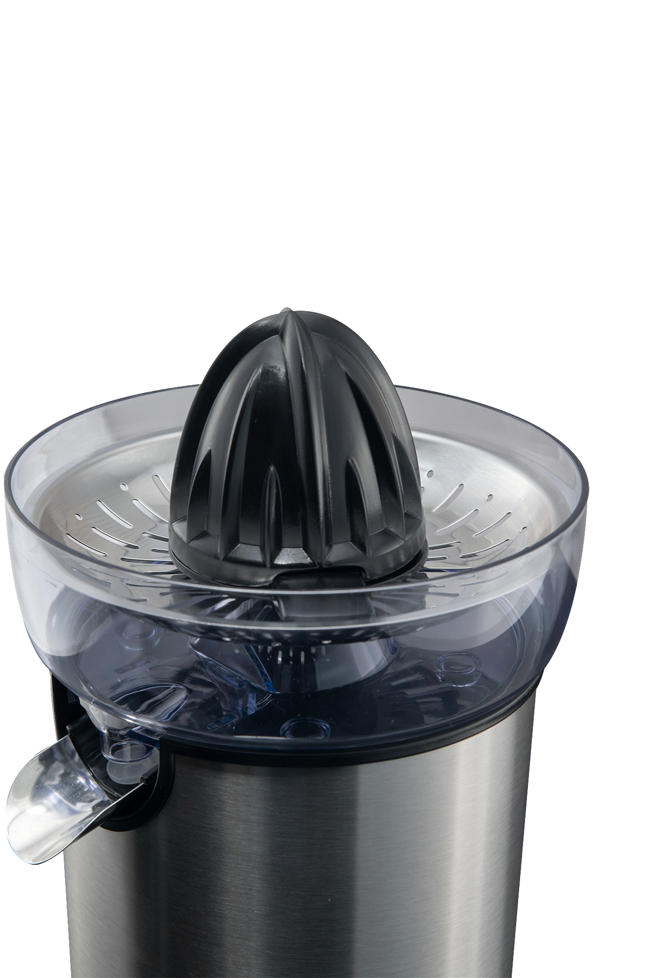 Stalowa wyciskarka do cytrusów z czarnym stożkiem i przezroczystym pojemnikiem.
