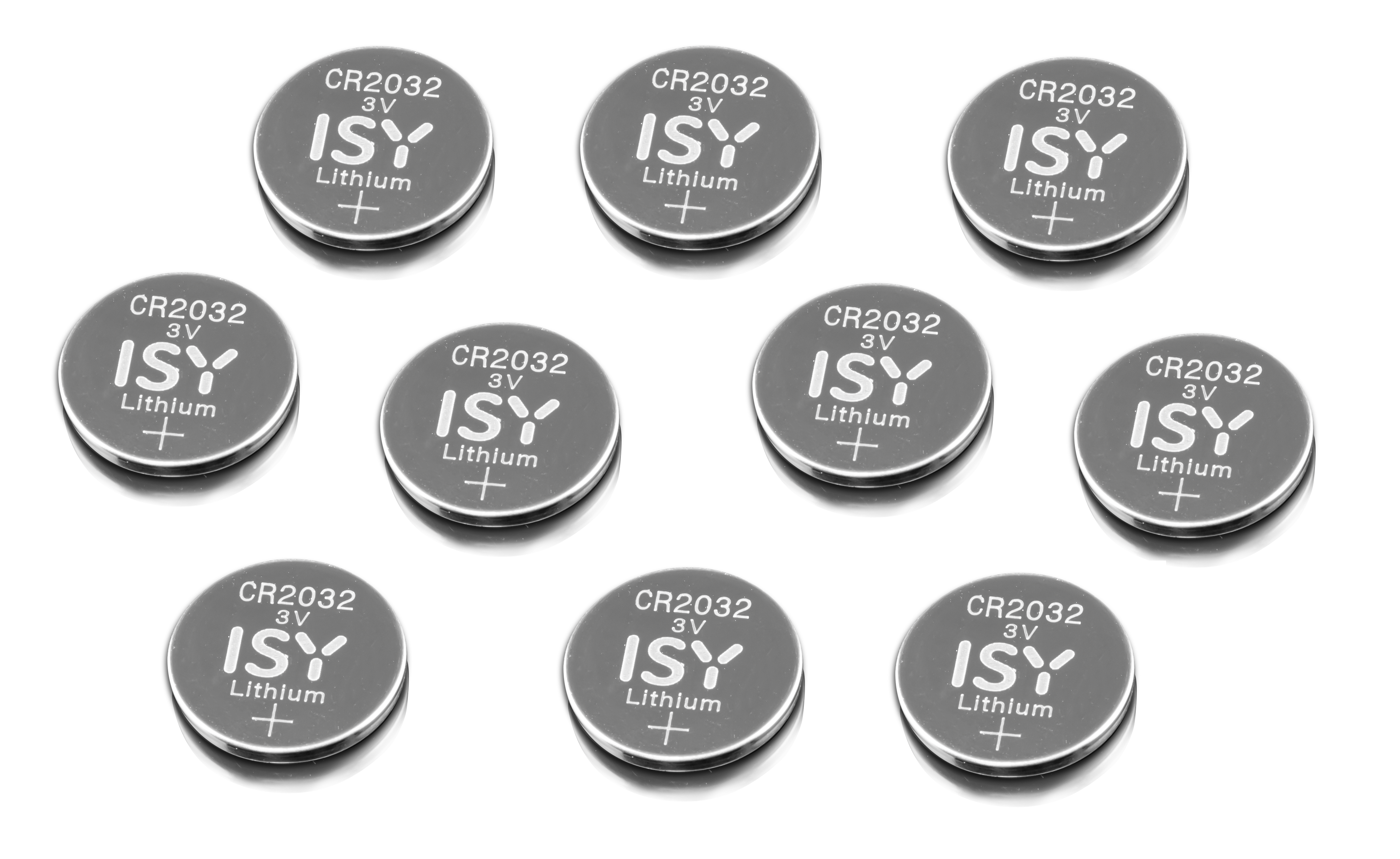 Dziesięć okrągłych, srebrnych baterii litowych typu guzikowego z napisem "ISY CR2032 3V Lithium +".