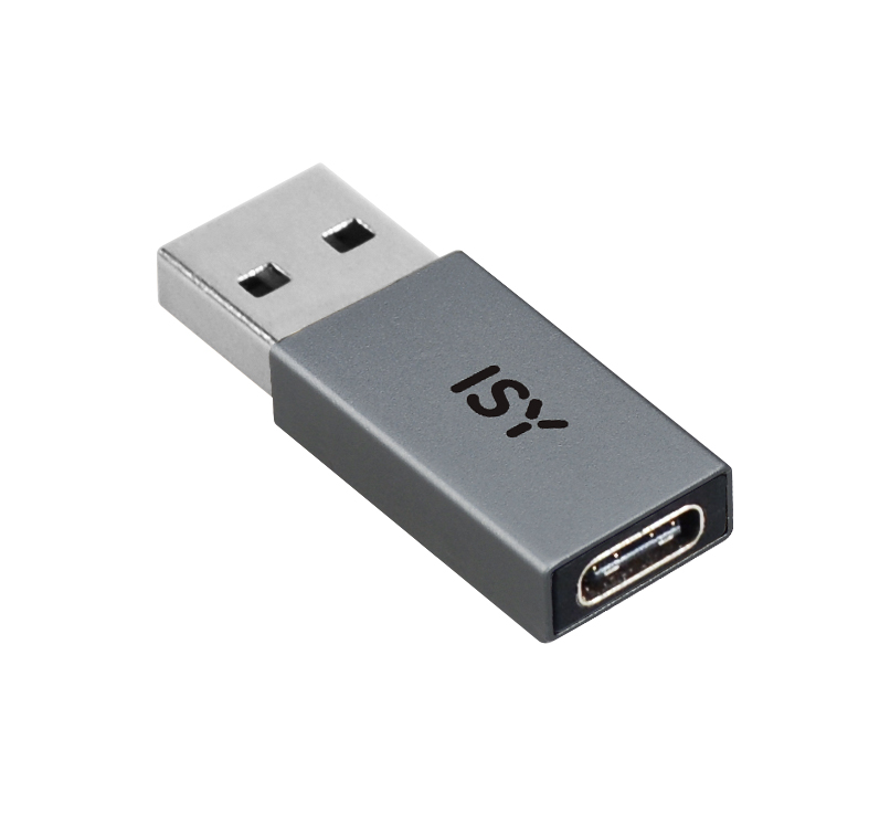 Szary adapter USB-C z wtyczką USB-A i gniazdem USB-C.