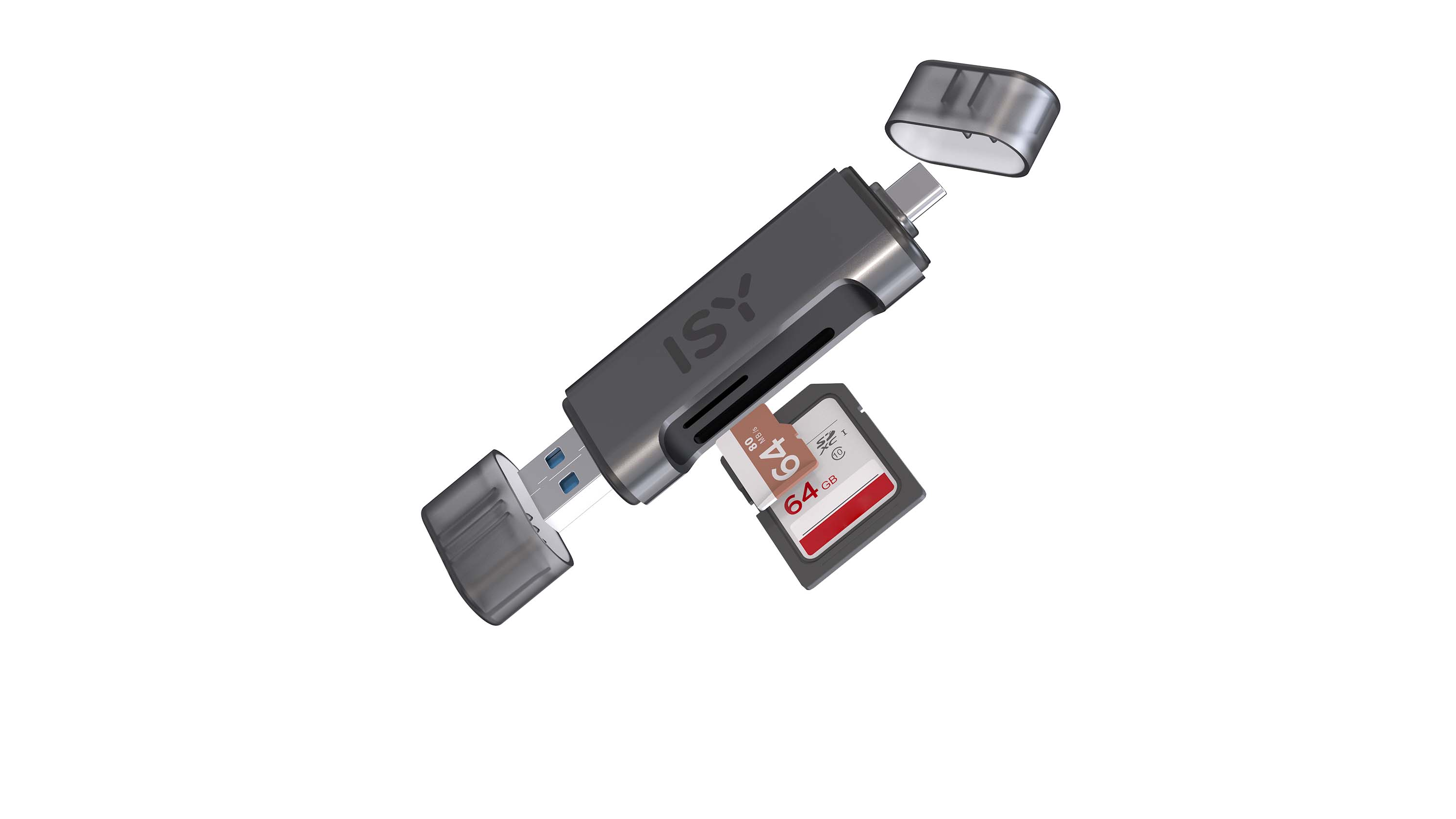 Szary czytnik kart z USB-C i kartą SD. Obok leży nakrętka.