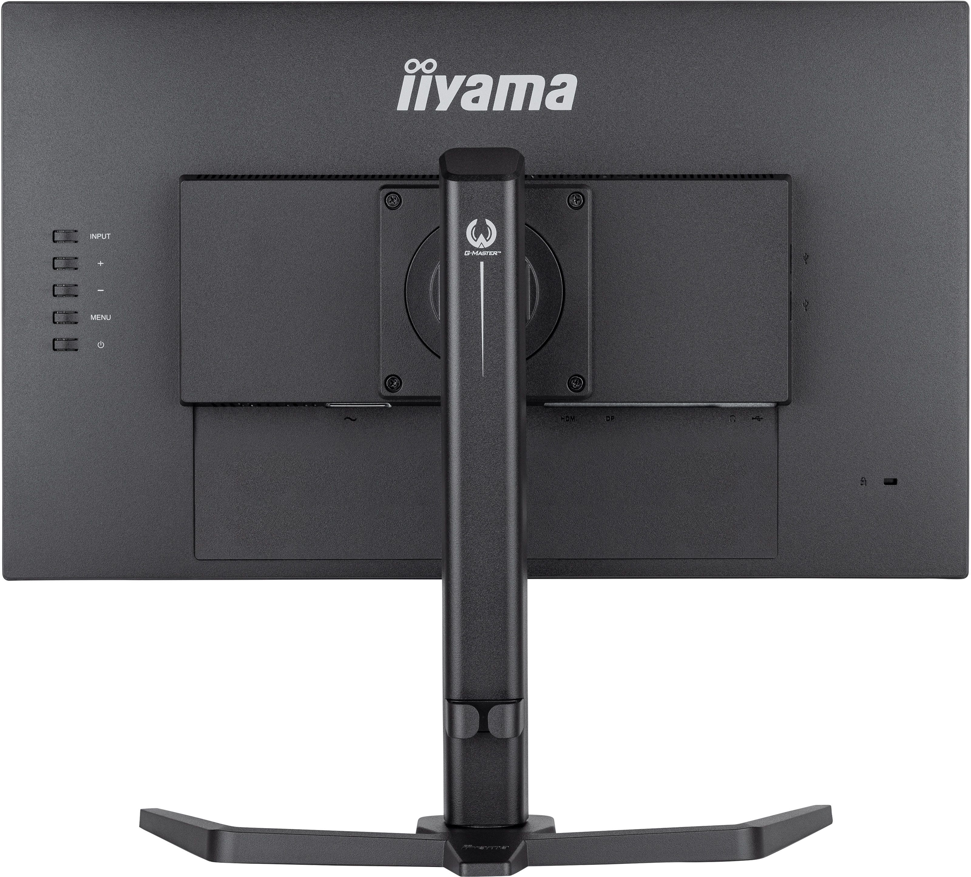 Tył czarnego monitora ze stojakiem, portami i przyciskami.