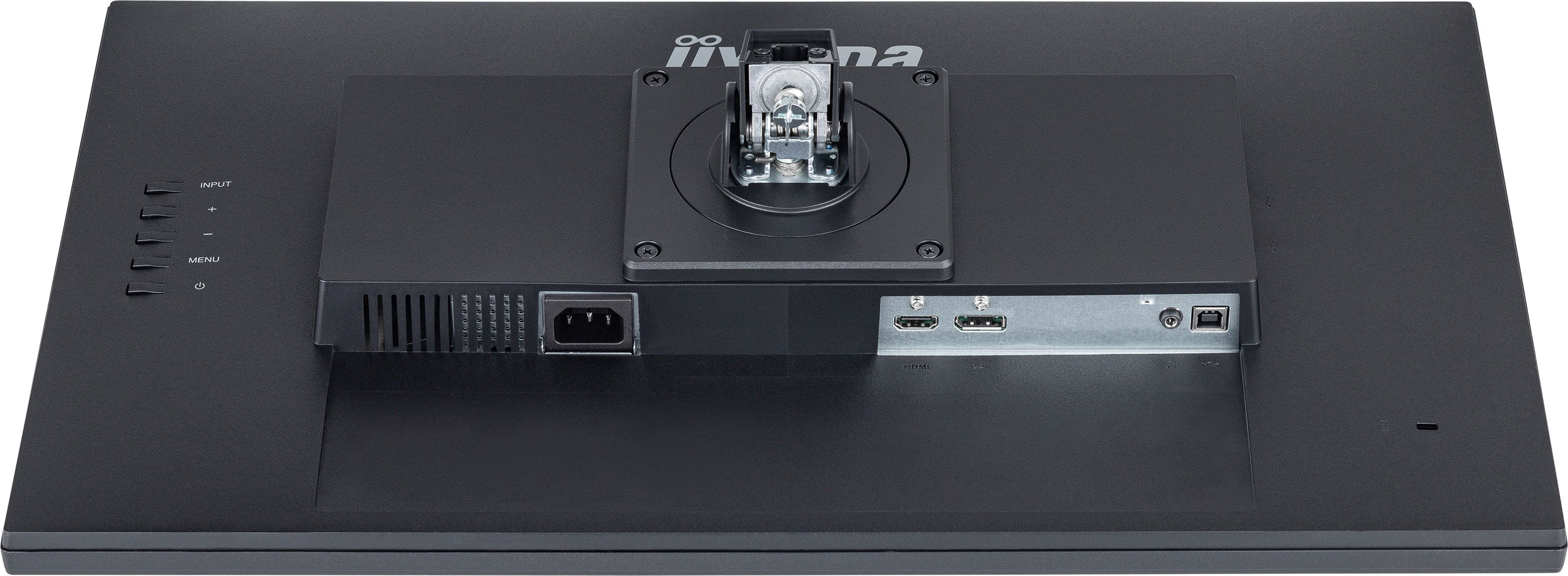 Tył czarnego monitora z portami i przyciskami. Zawiera HDMI, USB, zasilanie.