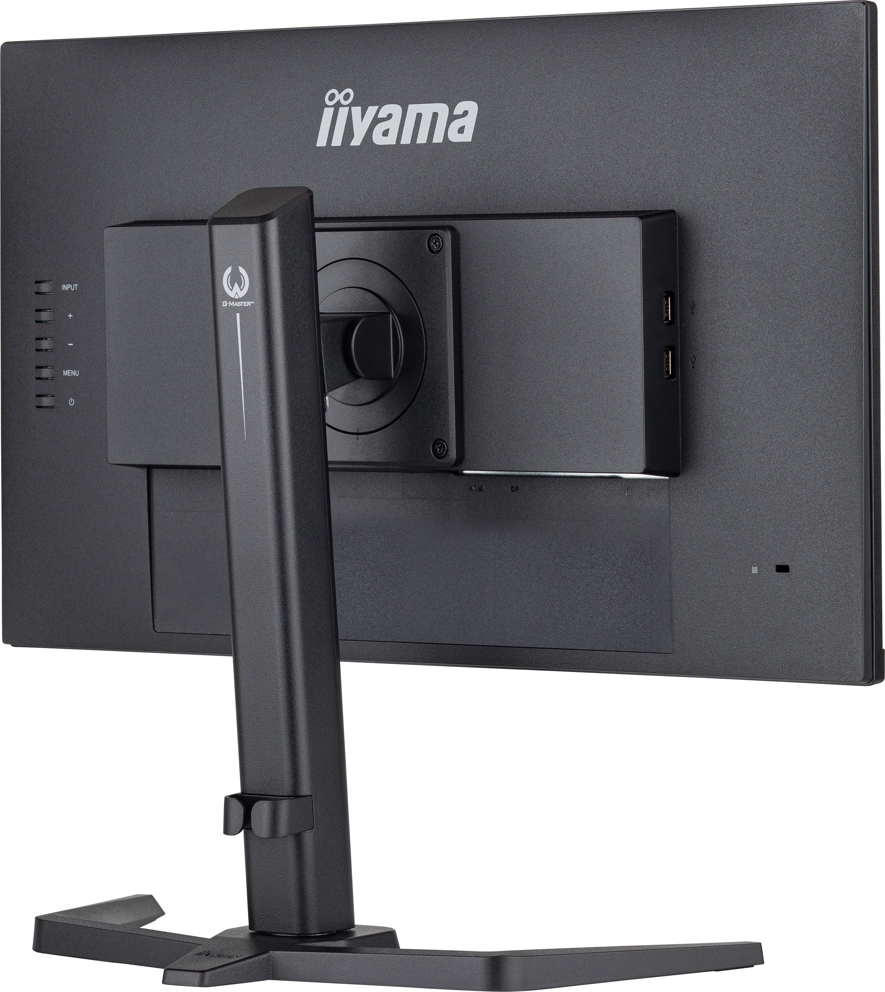 Tył czarnego monitora z logo Iiyama i portami.