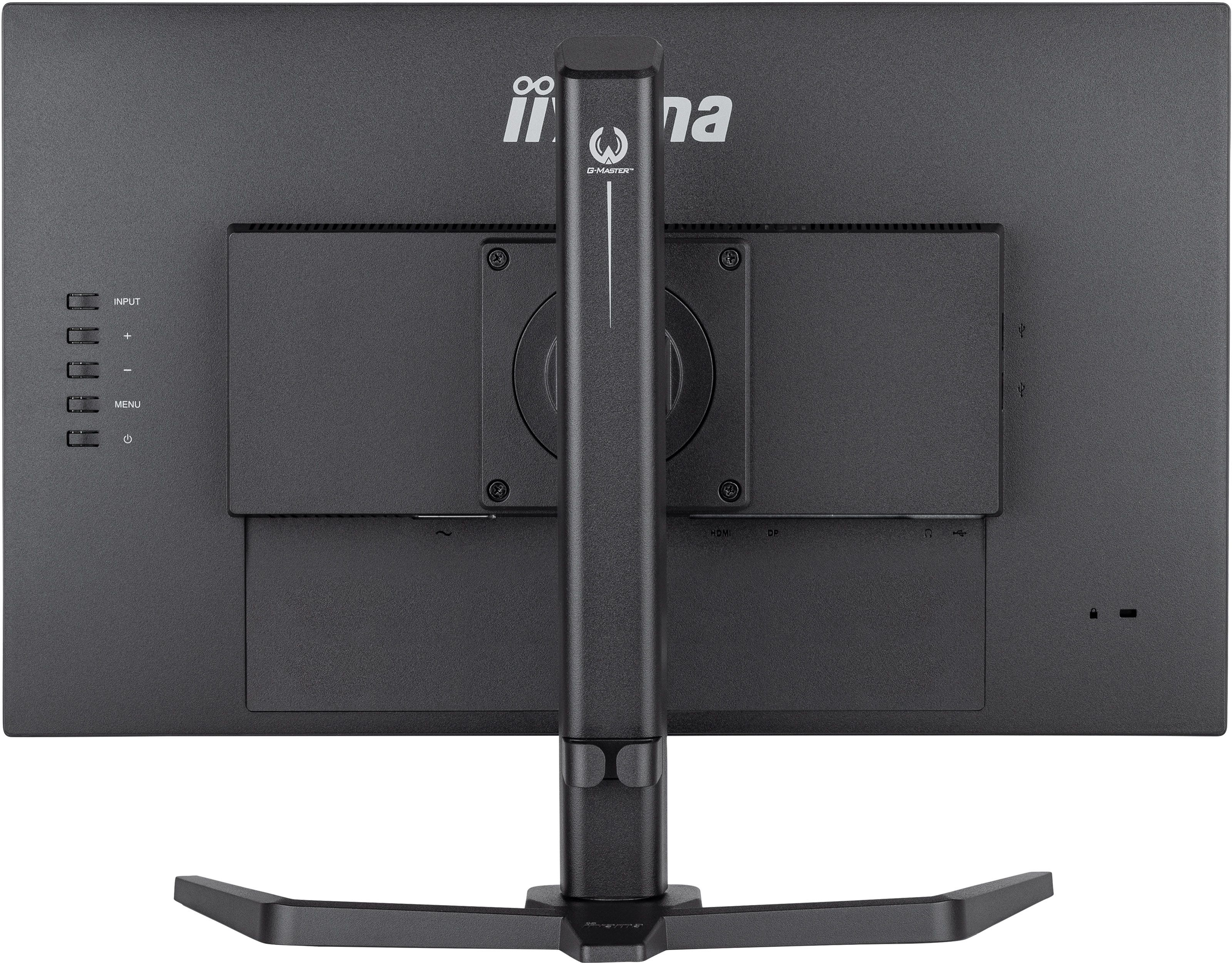 Tył czarnego monitora ze stojakiem, portami i przyciskami. Widoczne logo G-Master.