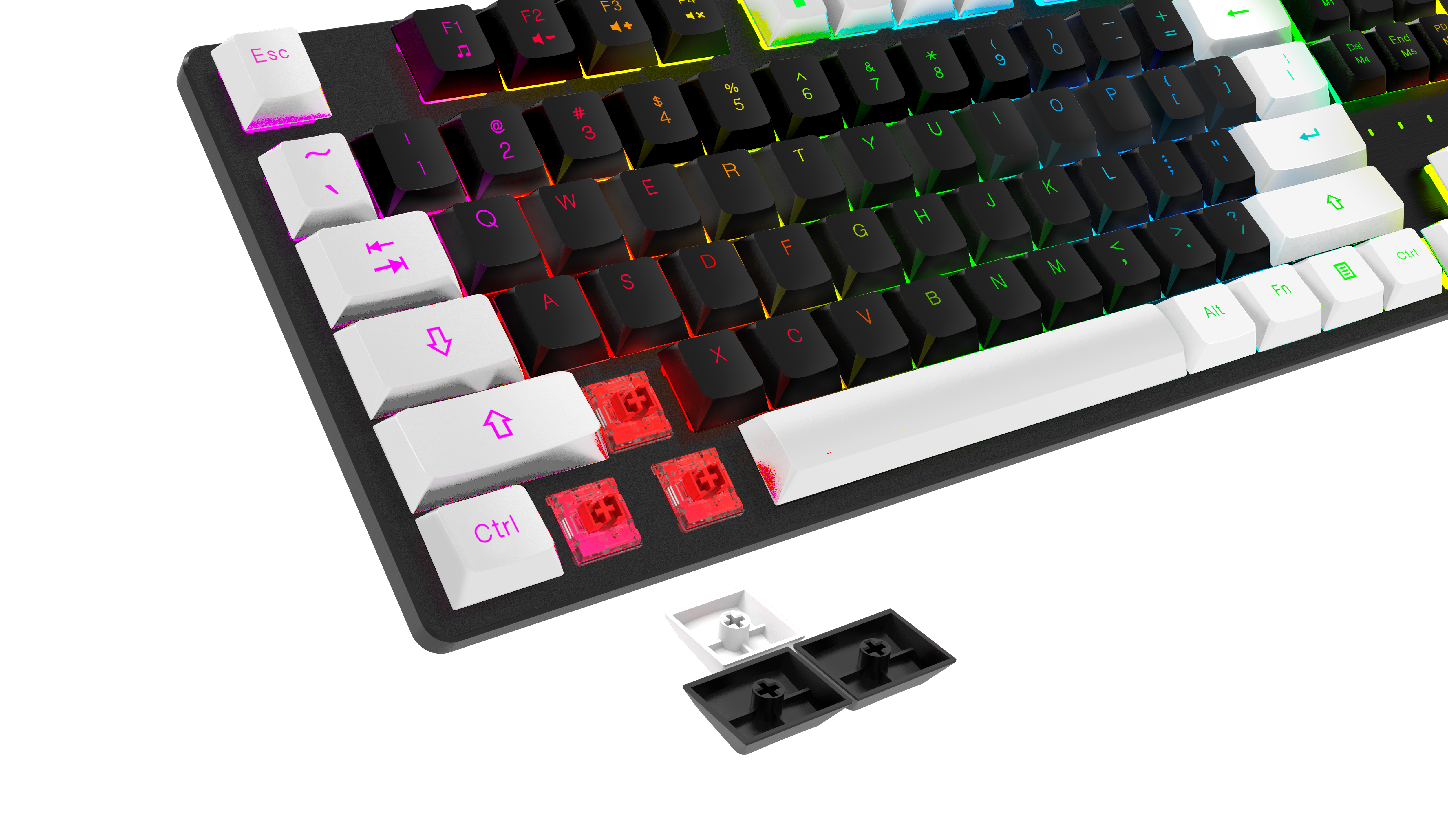 Czarna klawiatura mechaniczna z kolorowym podświetleniem RGB i białymi klawiszami. Niektóre klawisze są usunięte.
