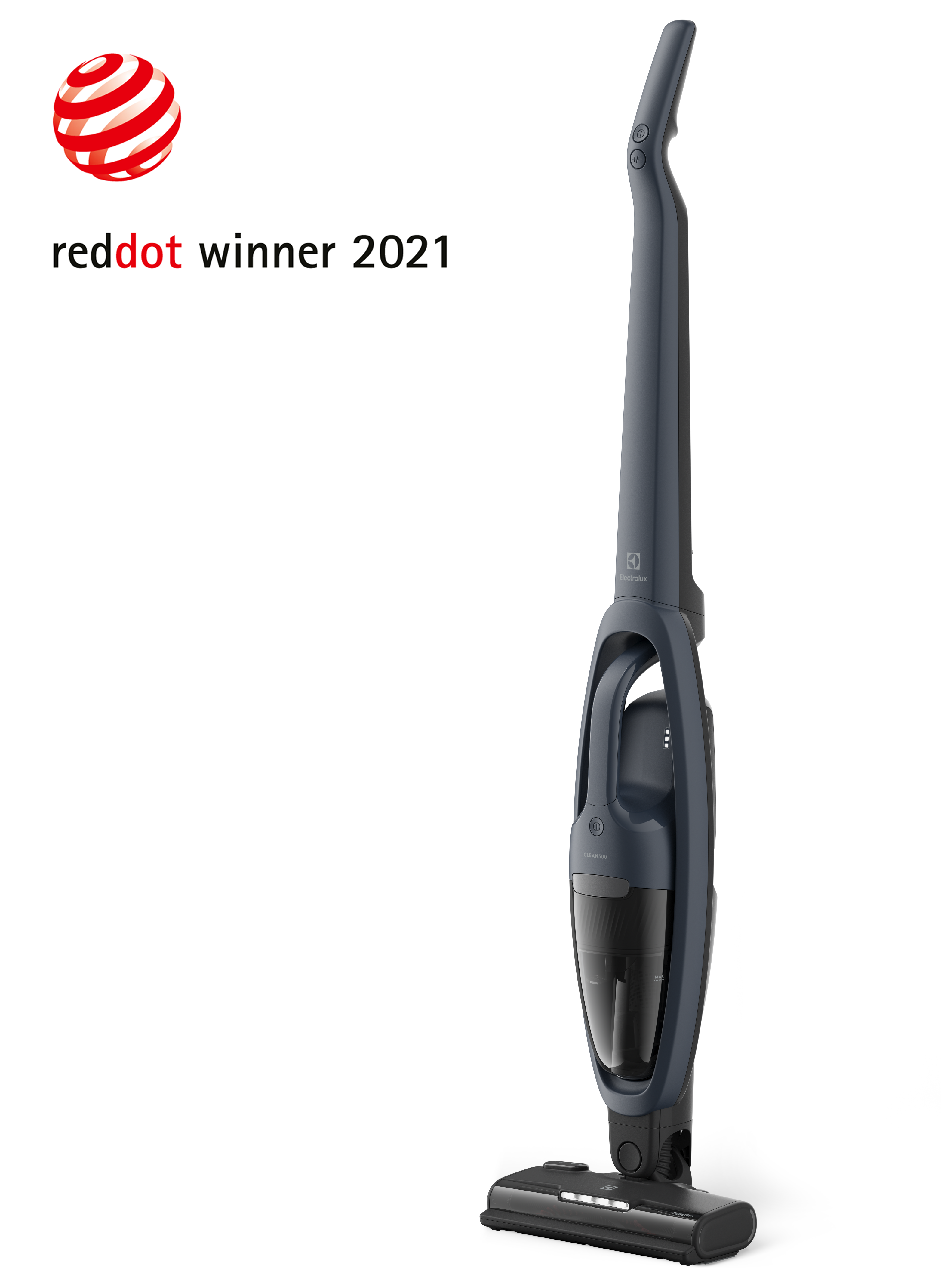 Ciemnoszary odkurzacz bezprzewodowy na białym tle z logo Red Dot Award 2021.