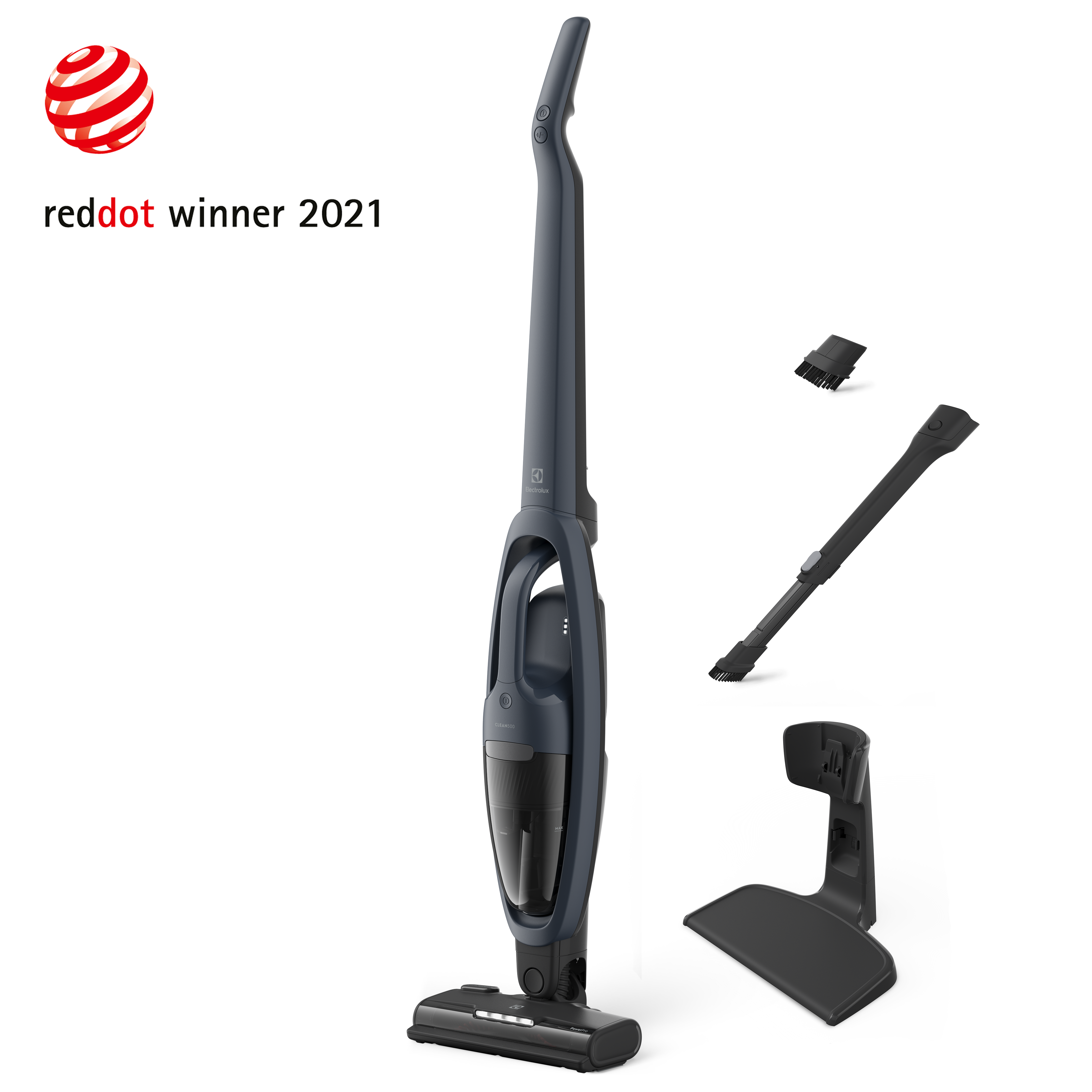 Ciemny odkurzacz pionowy z akcesoriami i stacją ładującą.