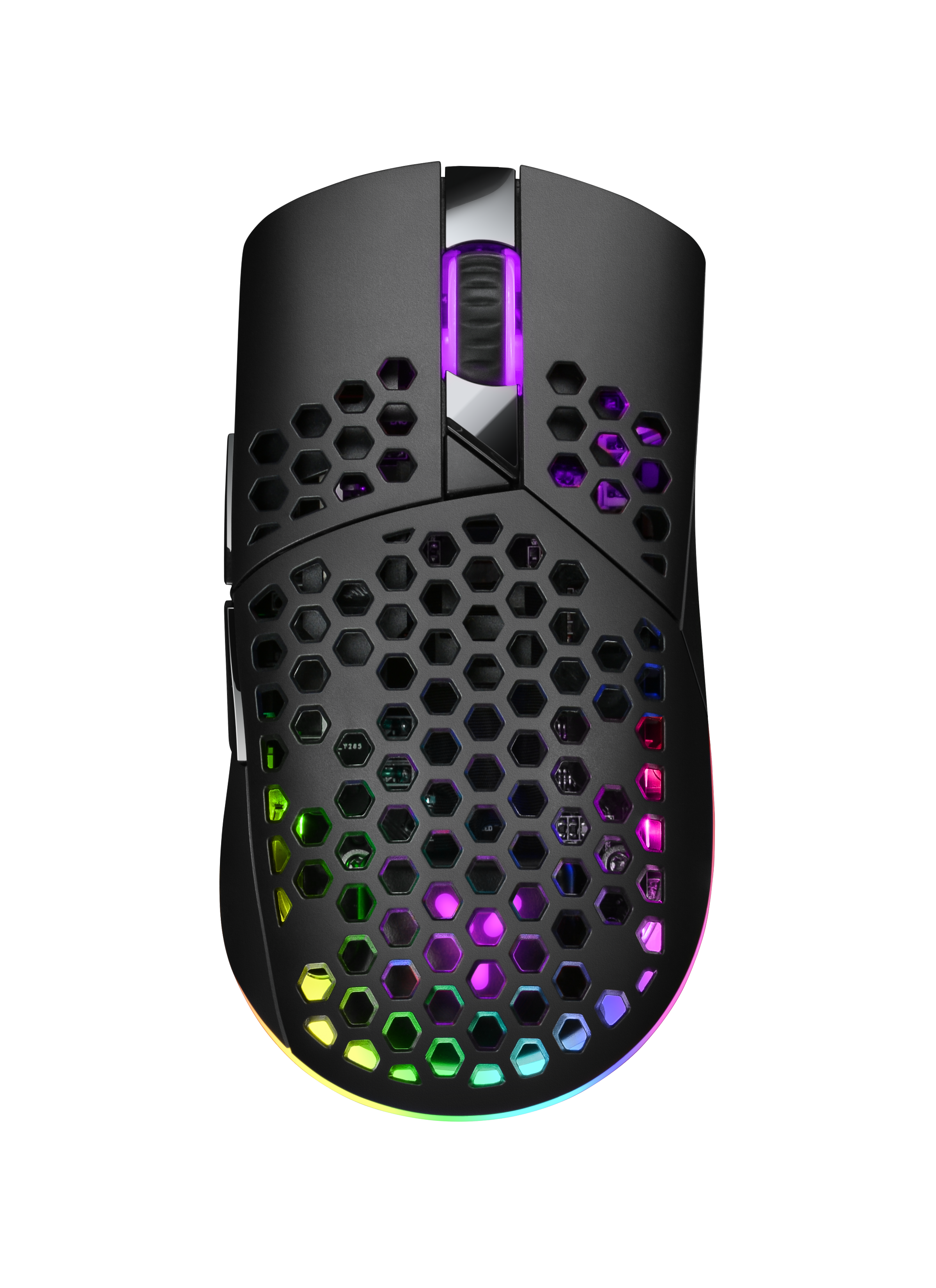 Czarna mysz gamingowa z wzorem plastra miodu i oświetleniem RGB.