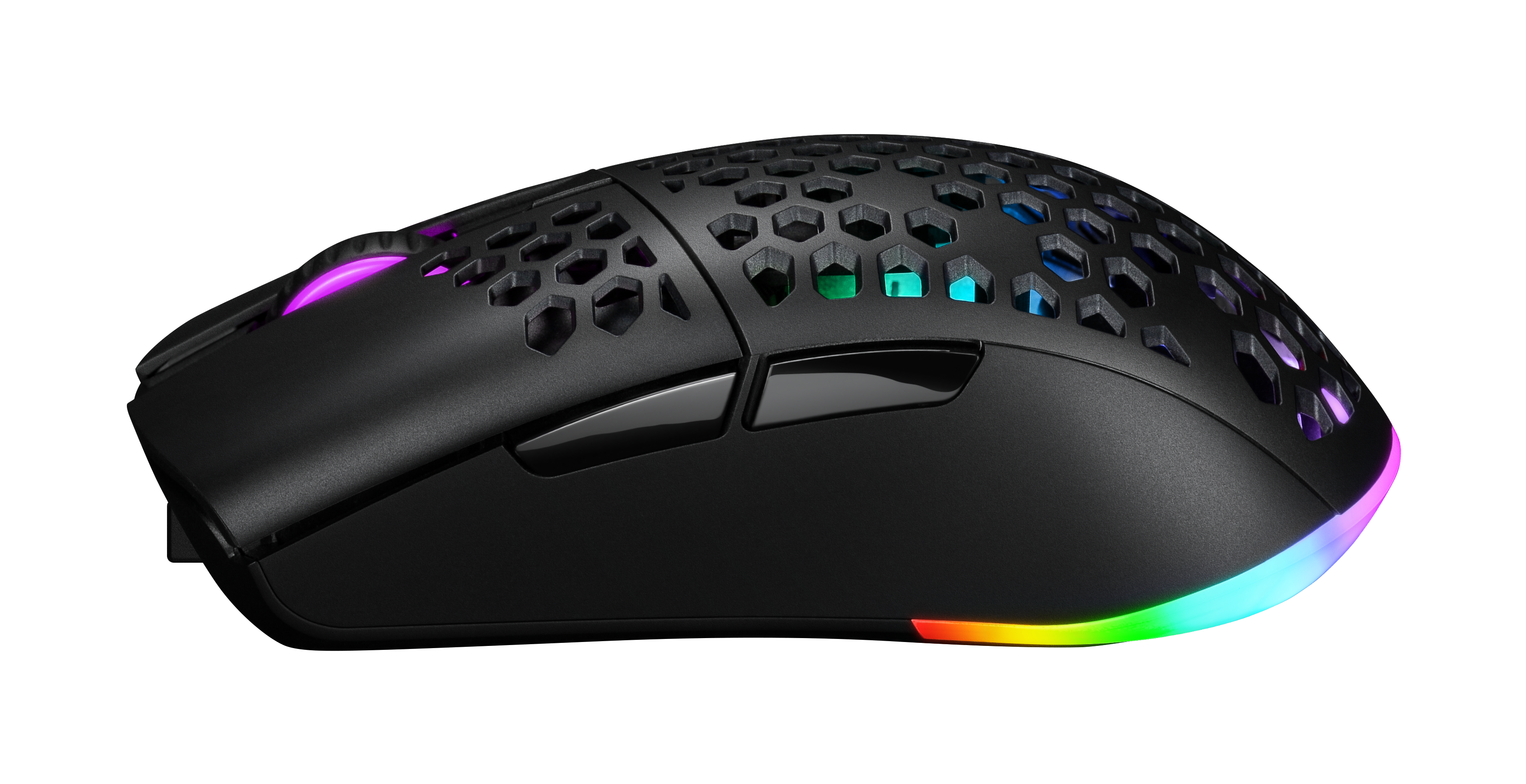 Czarna mysz gamingowa z wzorem plastra miodu i oświetleniem RGB.