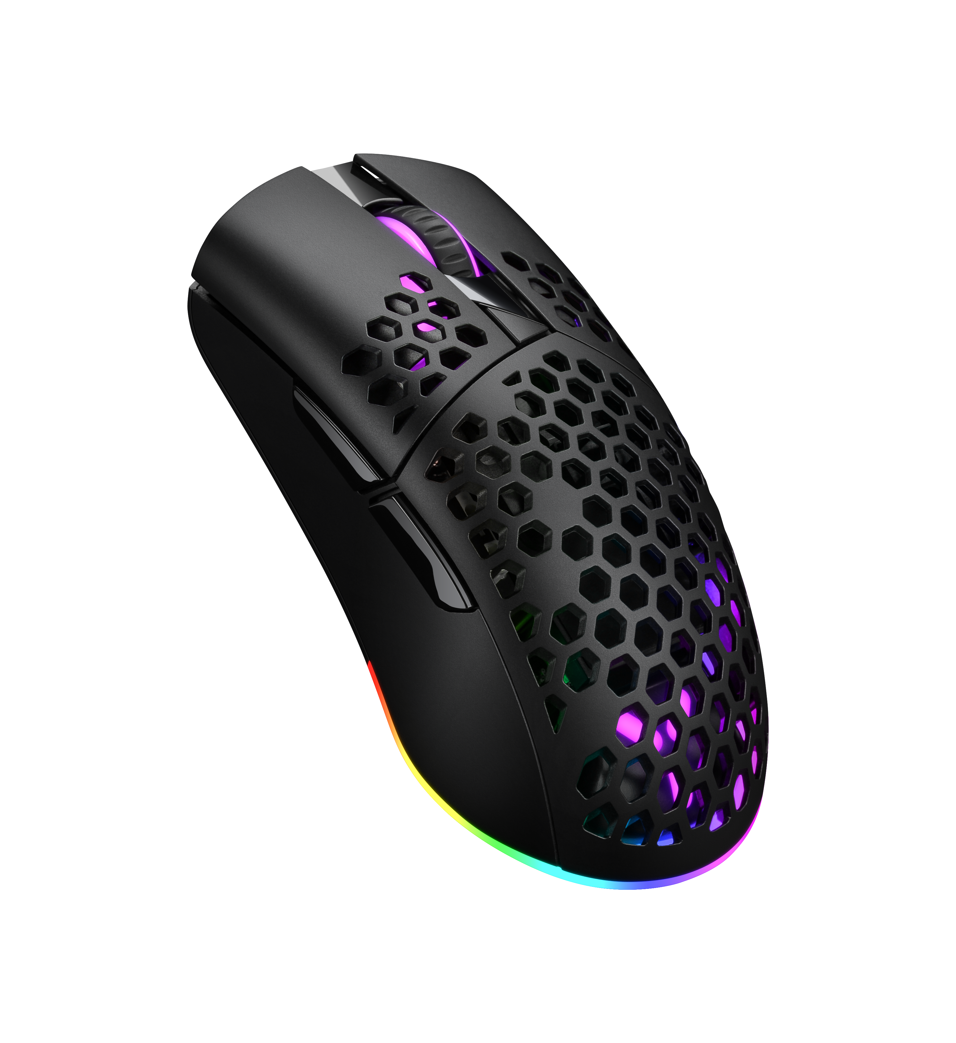Czarna mysz gamingowa z wzorem plastra miodu i podświetleniem RGB na czarnym tle.