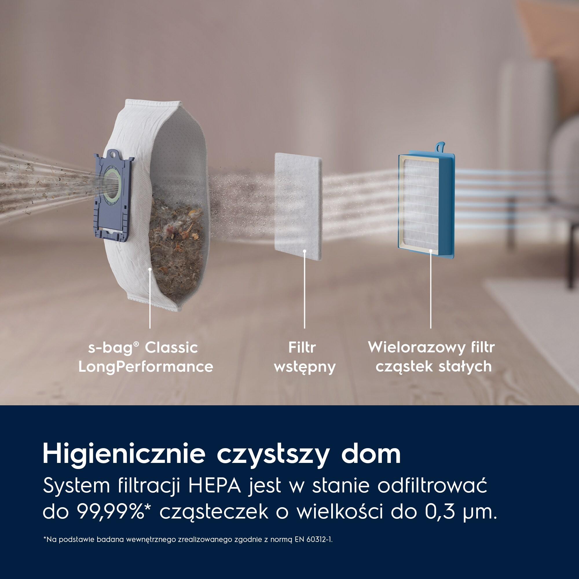 Pokazano worek do odkurzacza, filtr wstępny i filtr HEPA.