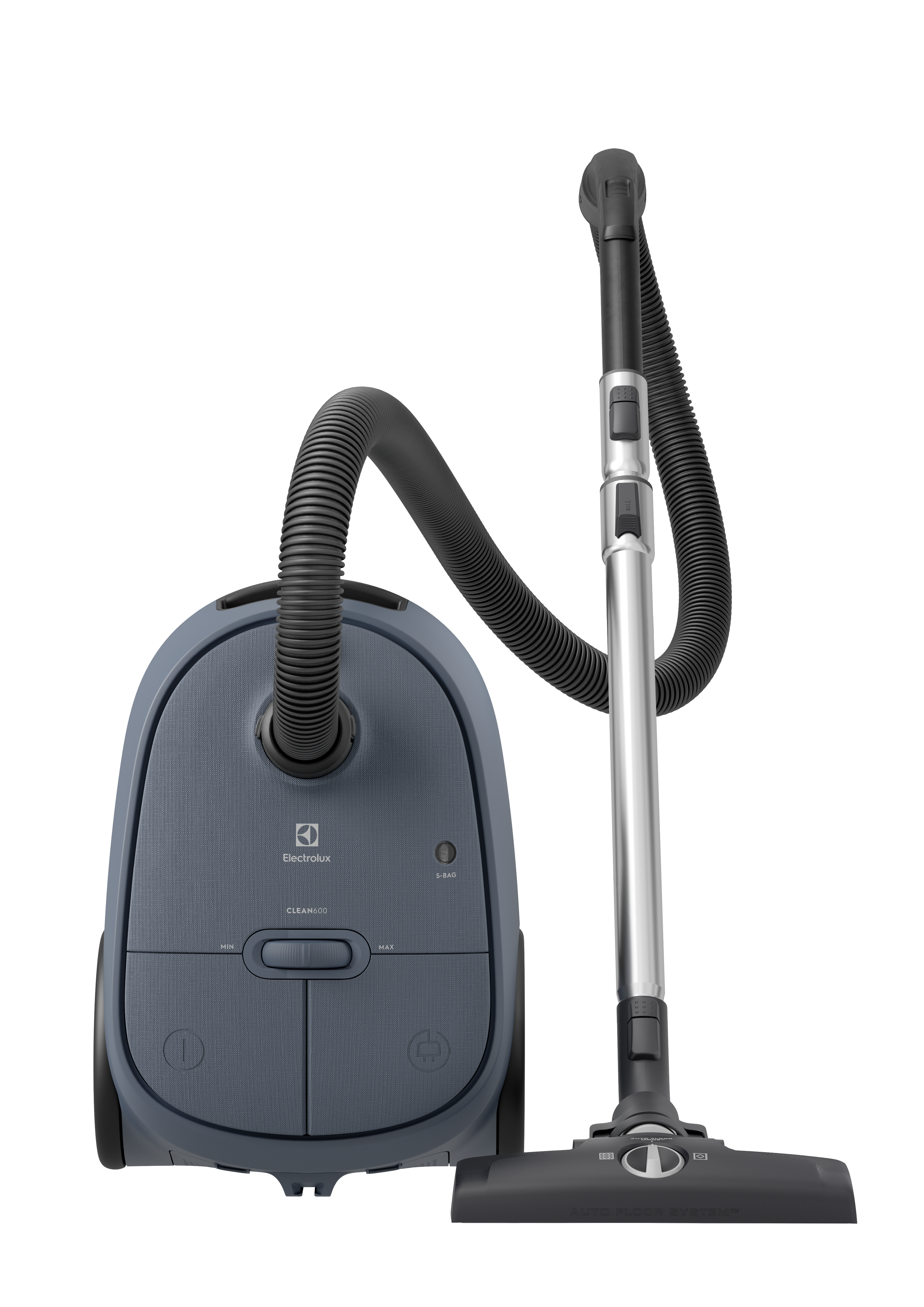 Niebieski odkurzacz z wężem i rurą na białym tle.