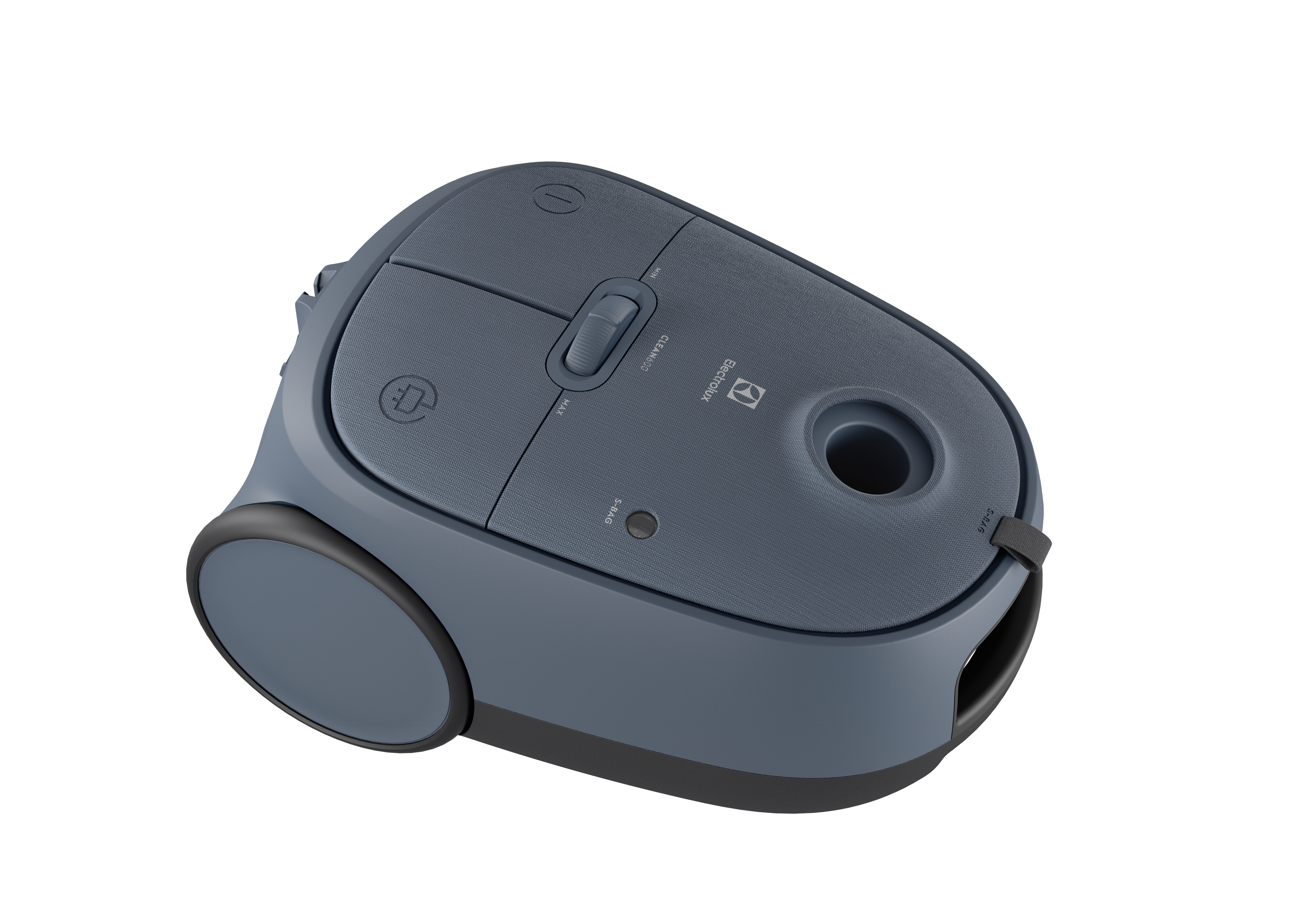 Niebieski, kompaktowy odkurzacz z czarnymi kołami i przyciskami.