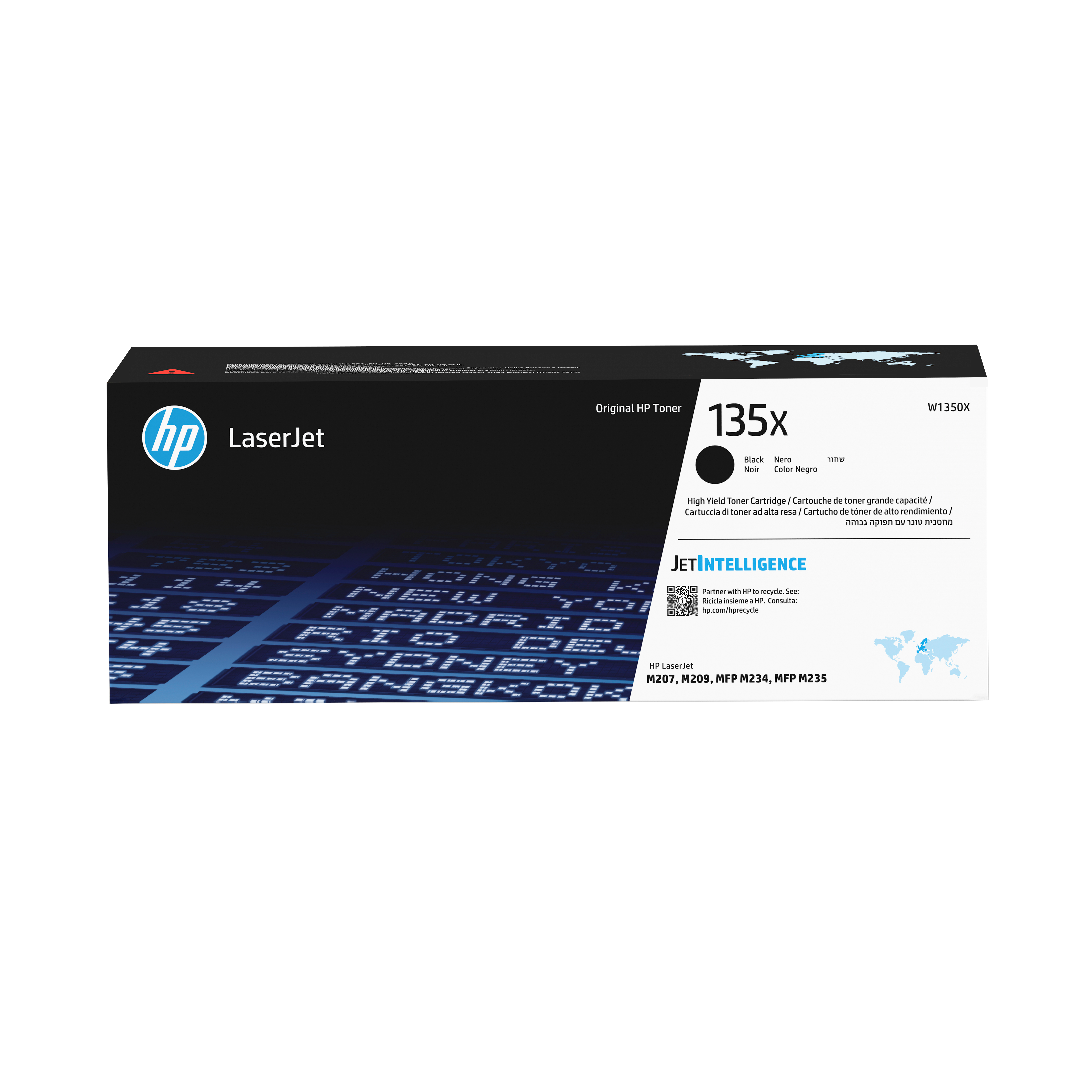 Toner HP LaserJet 135x czarny na czarnym pudełku z mapą świata i modelami drukarek.