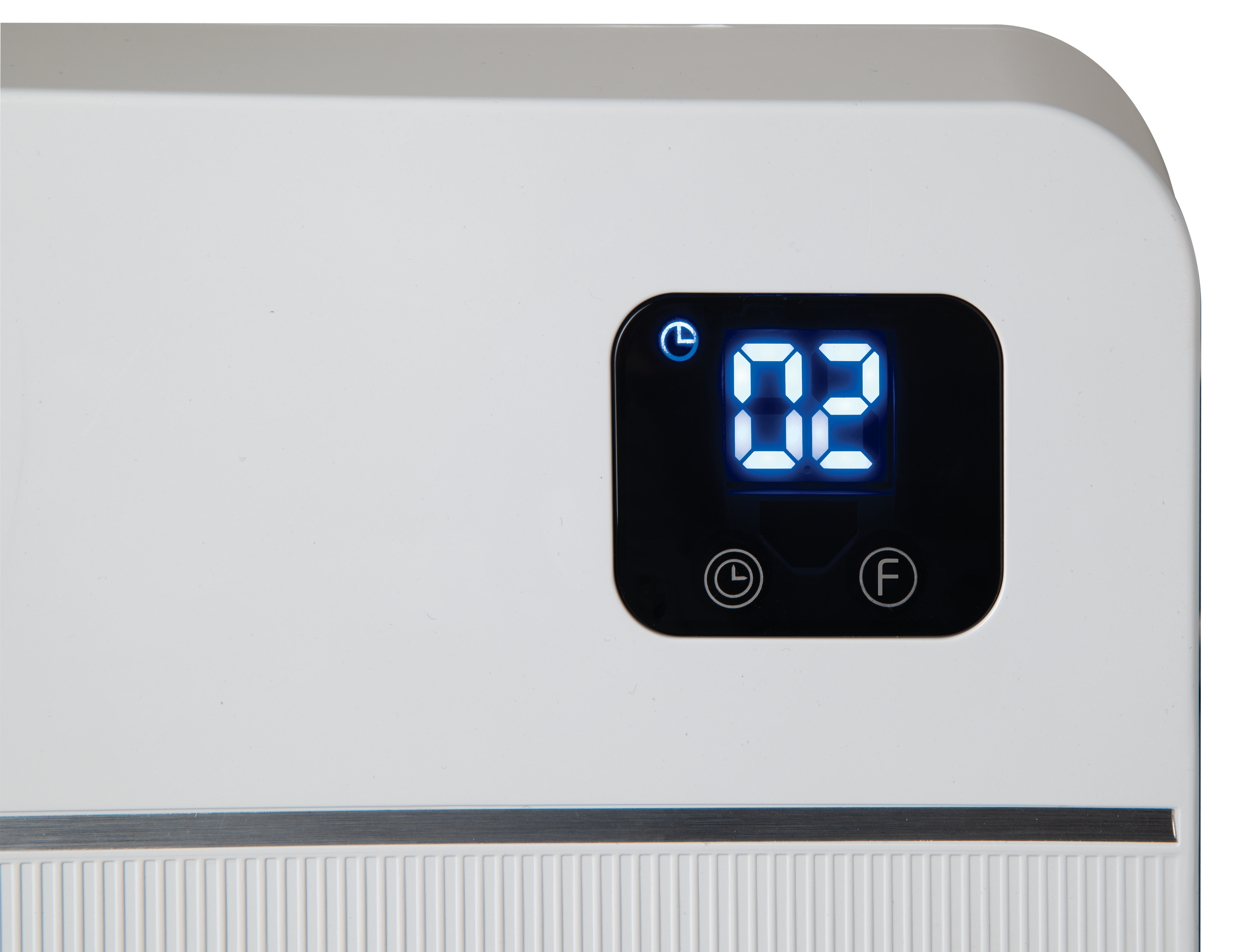 Białe urządzenie wyświetla niebieski cyfrowy odczyt "02" z ikonami.