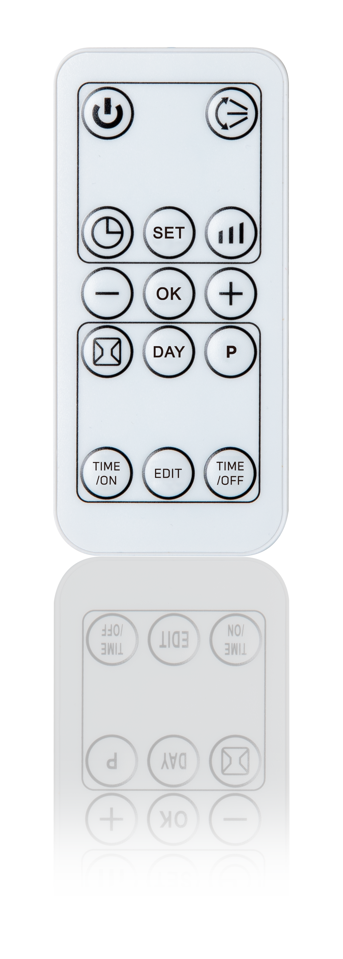 Biały pilot zdalnego sterowania z czarnymi ikonami i etykietami.