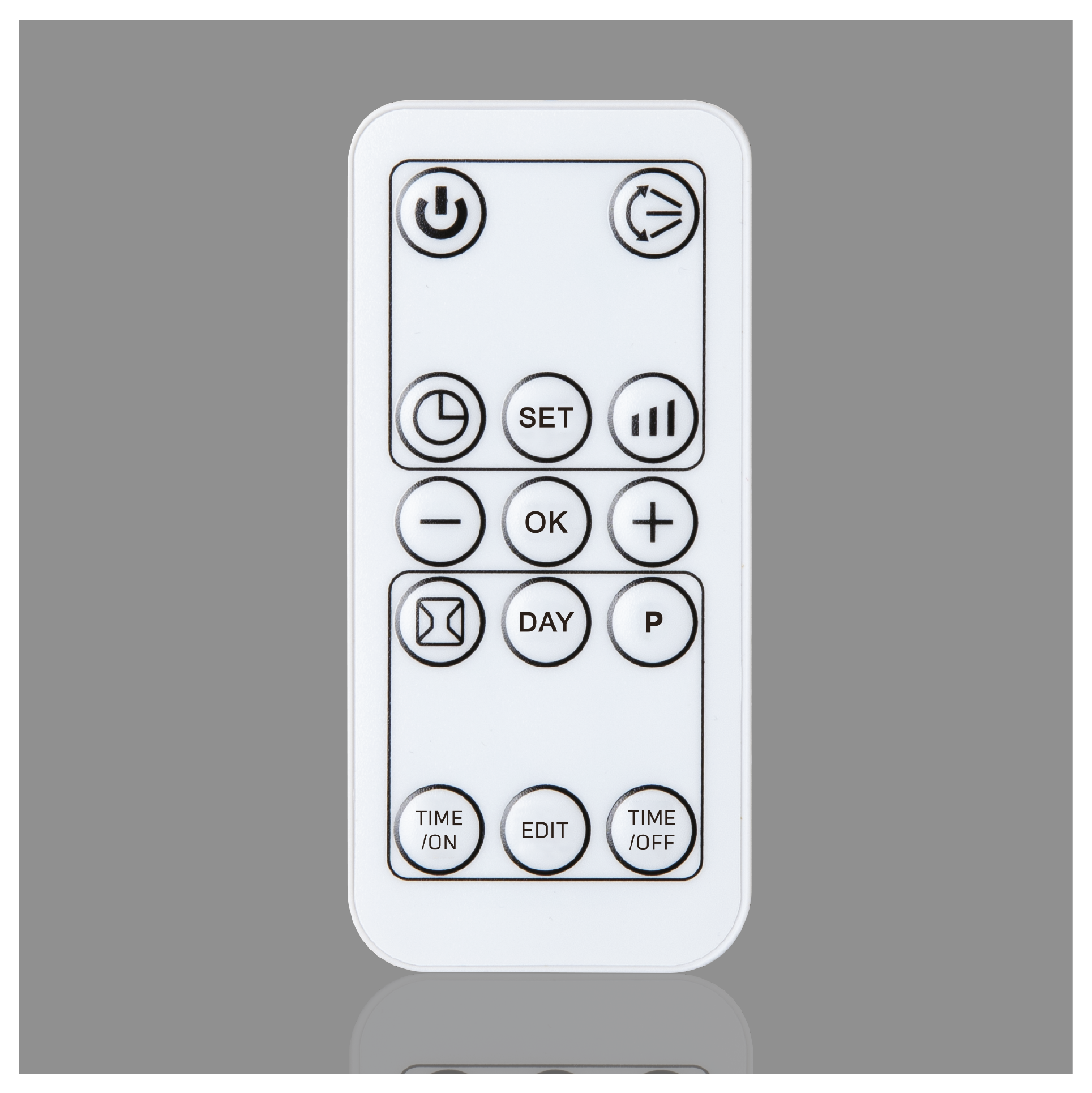 Biały pilot z czarnymi ikonami: zasilanie, zegar, ustaw, głośność, ok, dzień, P, czas.