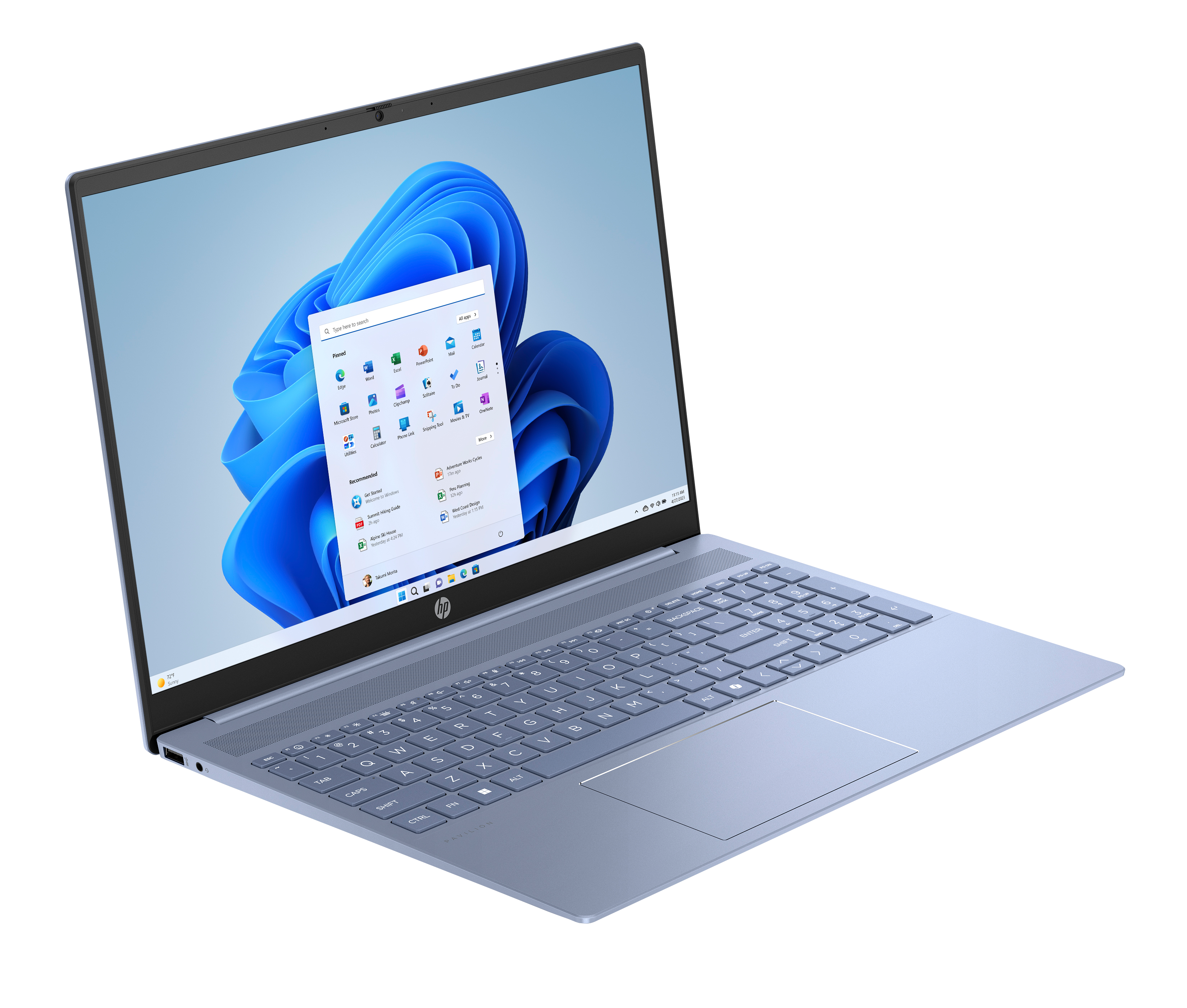 Jasnoniebieski laptop HP z systemem Windows 11 i czystym pulpitem.