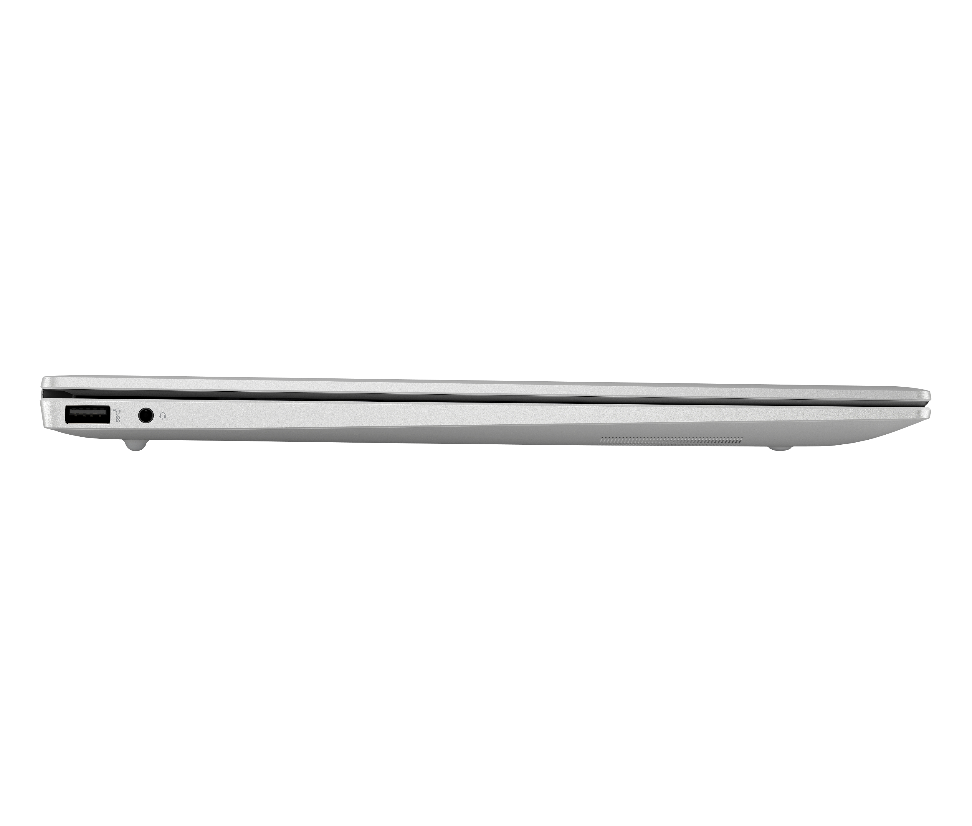 Widok z boku białego laptopa z portem USB i gniazdem słuchawkowym.