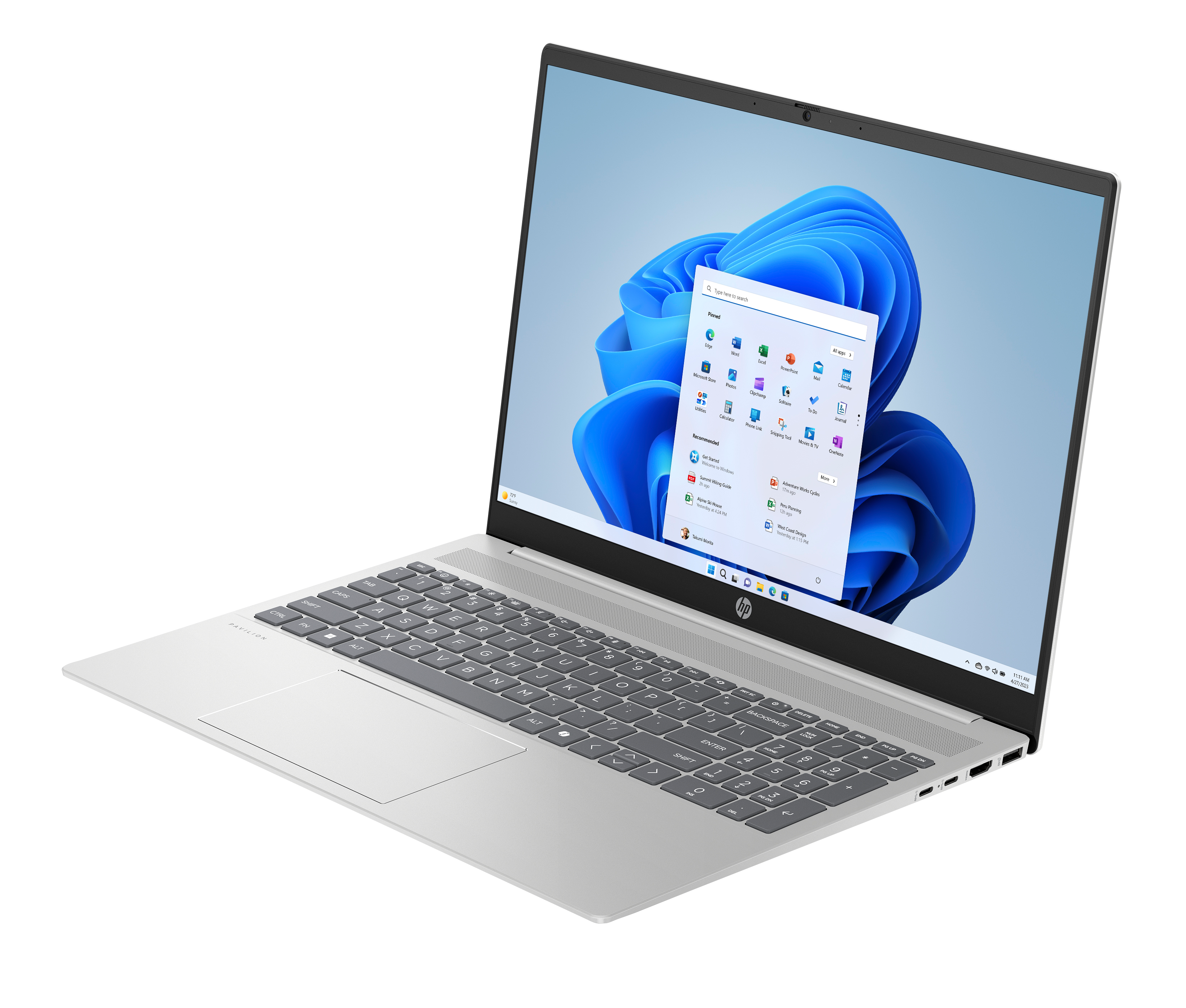 Widoczny jest srebrny laptop HP z systemem Windows 11, klawiaturą i touchpadem.