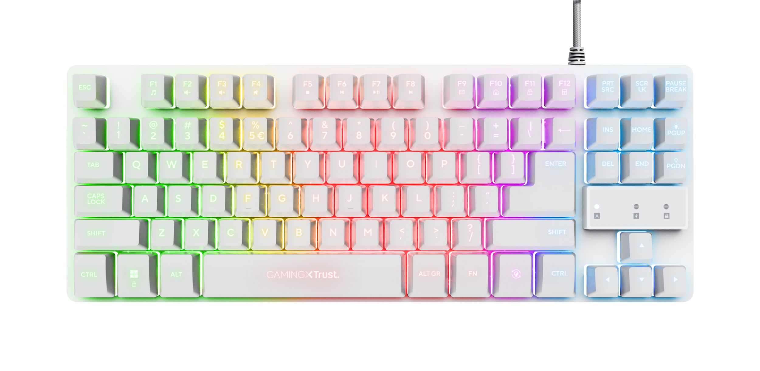 Biała klawiatura gamingowa z podświetleniem RGB przechodzącym od zielonego przez żółty, czerwony do fioletowego.