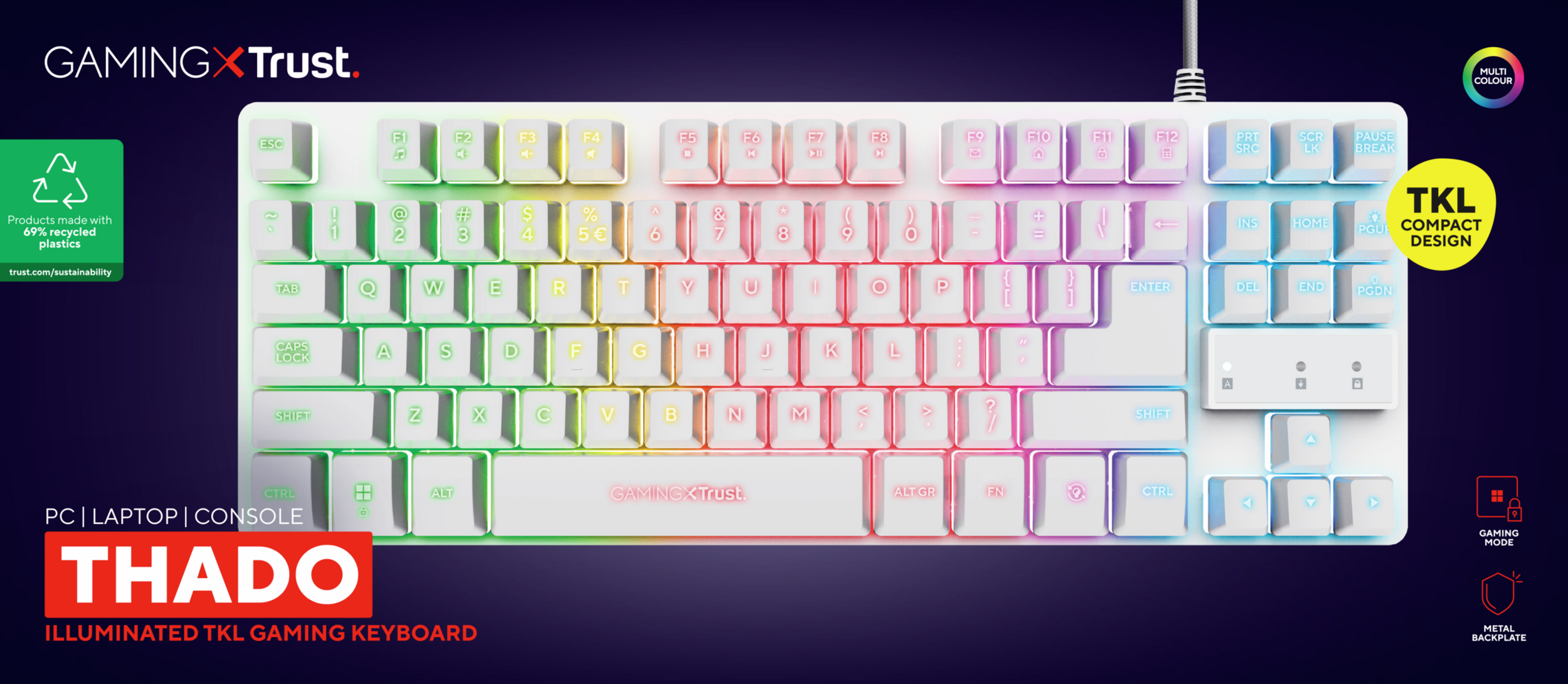 Biała klawiatura gamingowa TKL z podświetleniem RGB, oznaczona THADO.