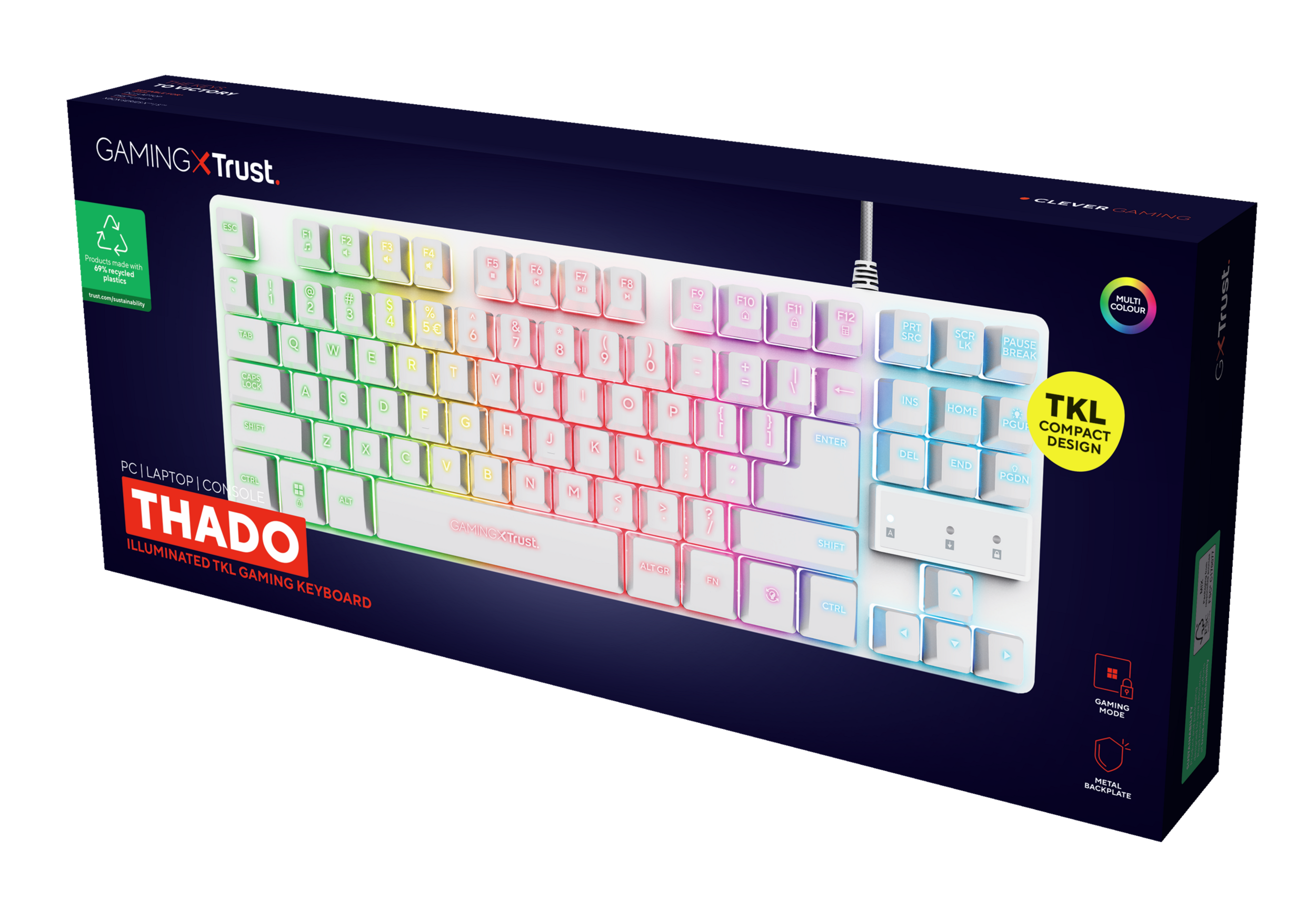 Biała klawiatura gamingowa z podświetleniem RGB na ciemnym tle.