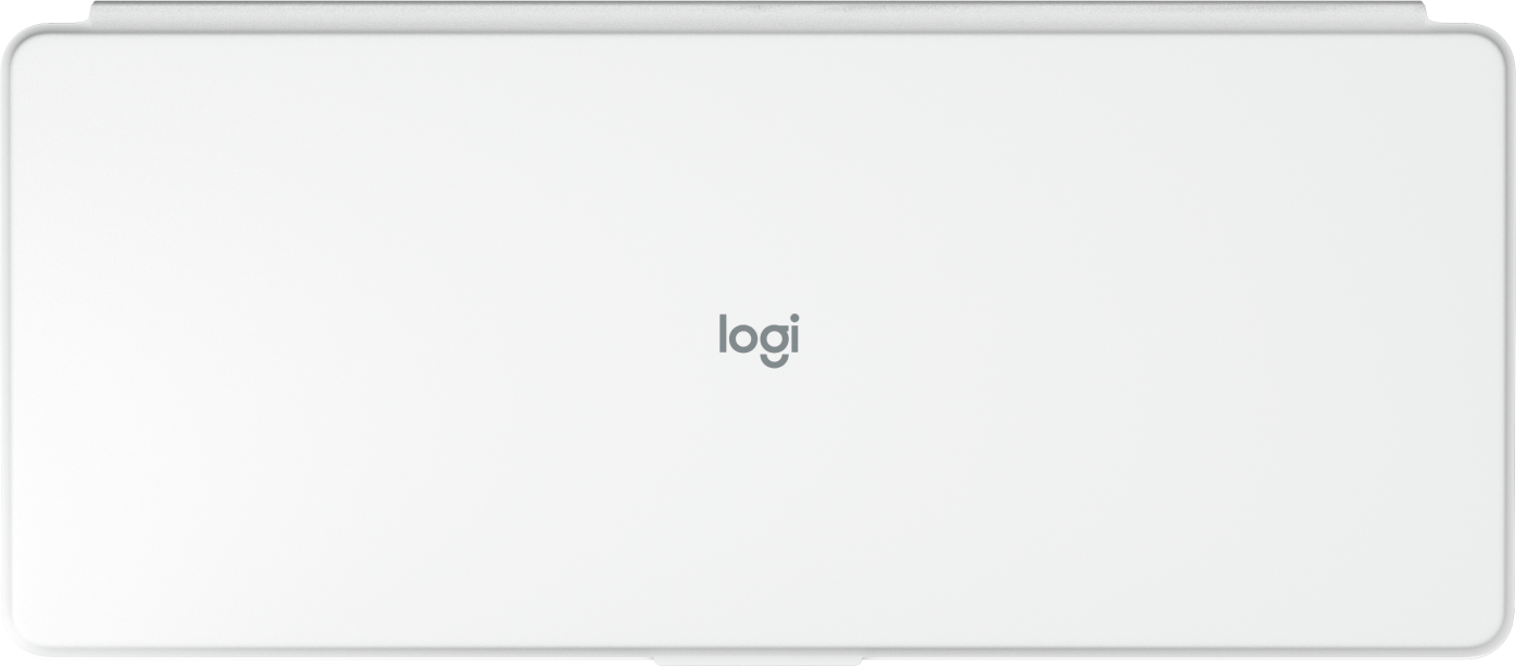 Białe, prostokątne logo Logitech na prostym tle.