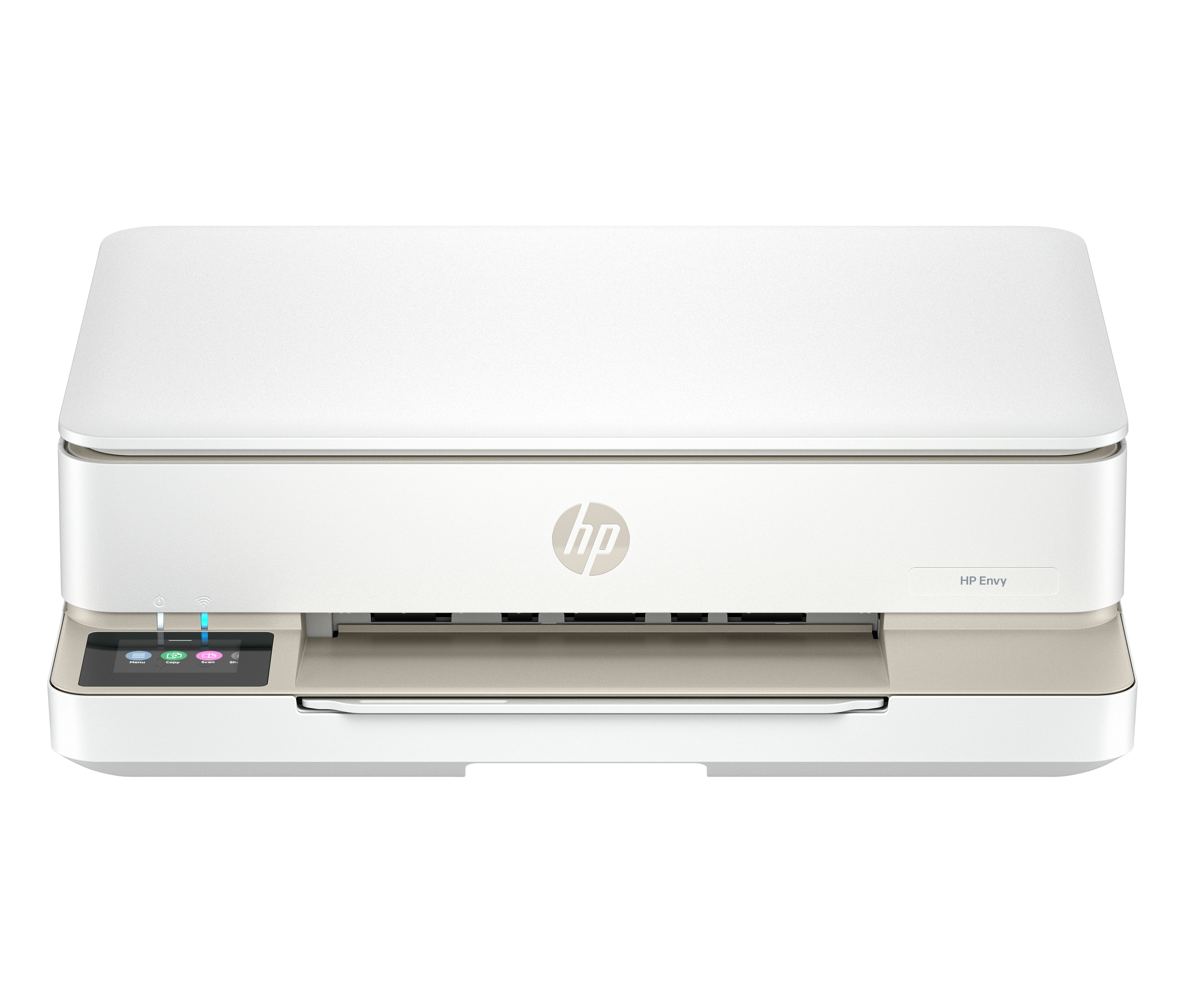 Biała drukarka HP Envy z panelem dotykowym i świecącą niebieską ikoną Wi-Fi.