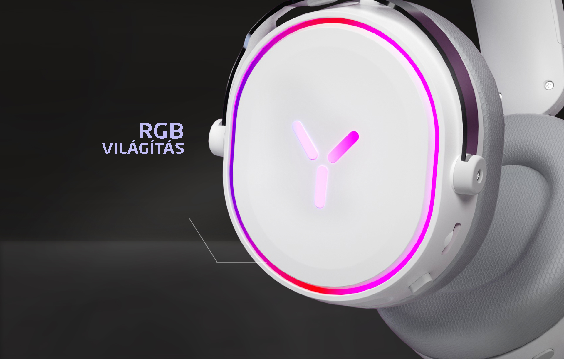 Białe słuchawki z podświetleniem RGB i symbolem Y na ciemnym tle.