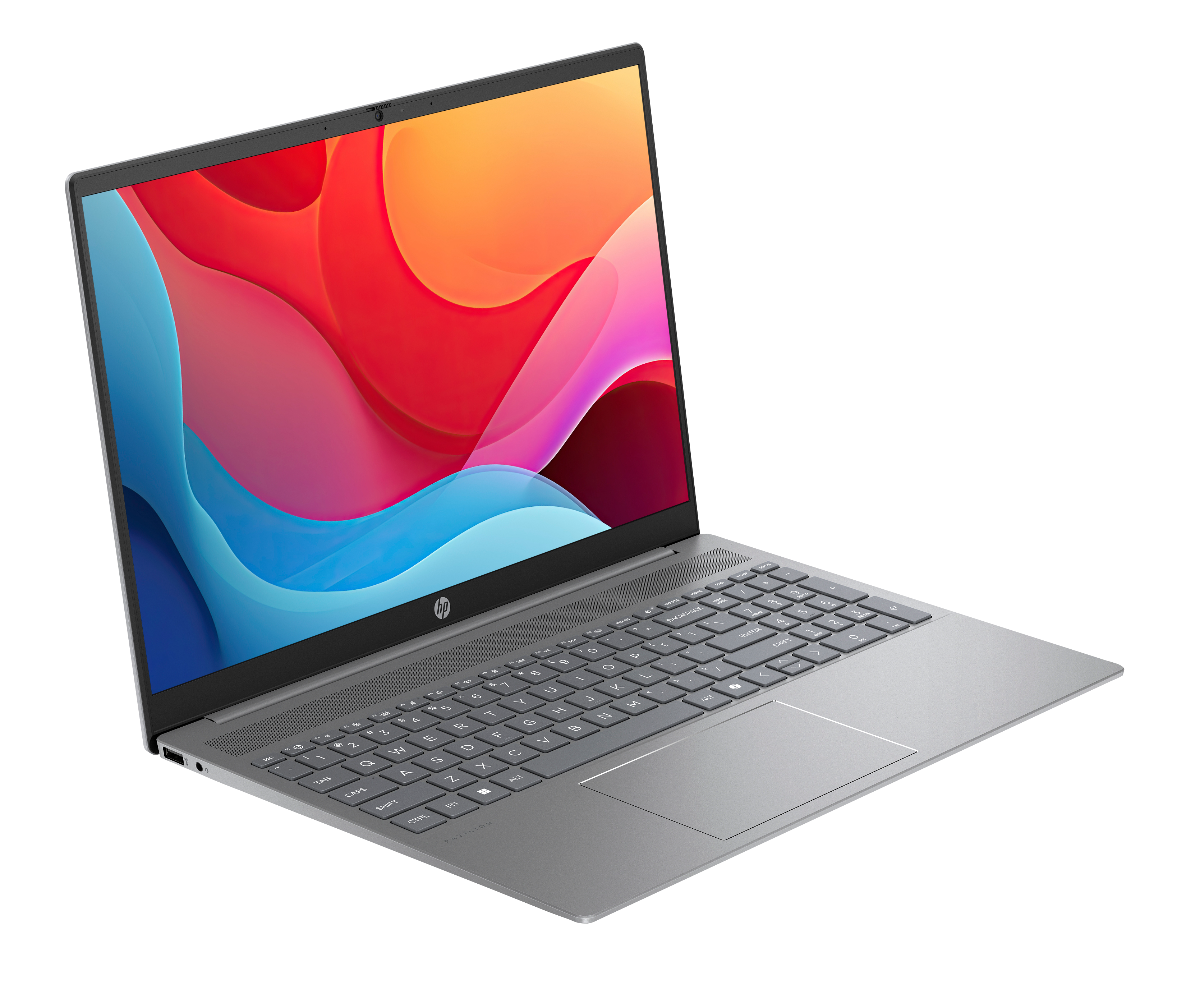 Otwarty srebrny laptop wyświetla kolorowe tło na ekranie.
