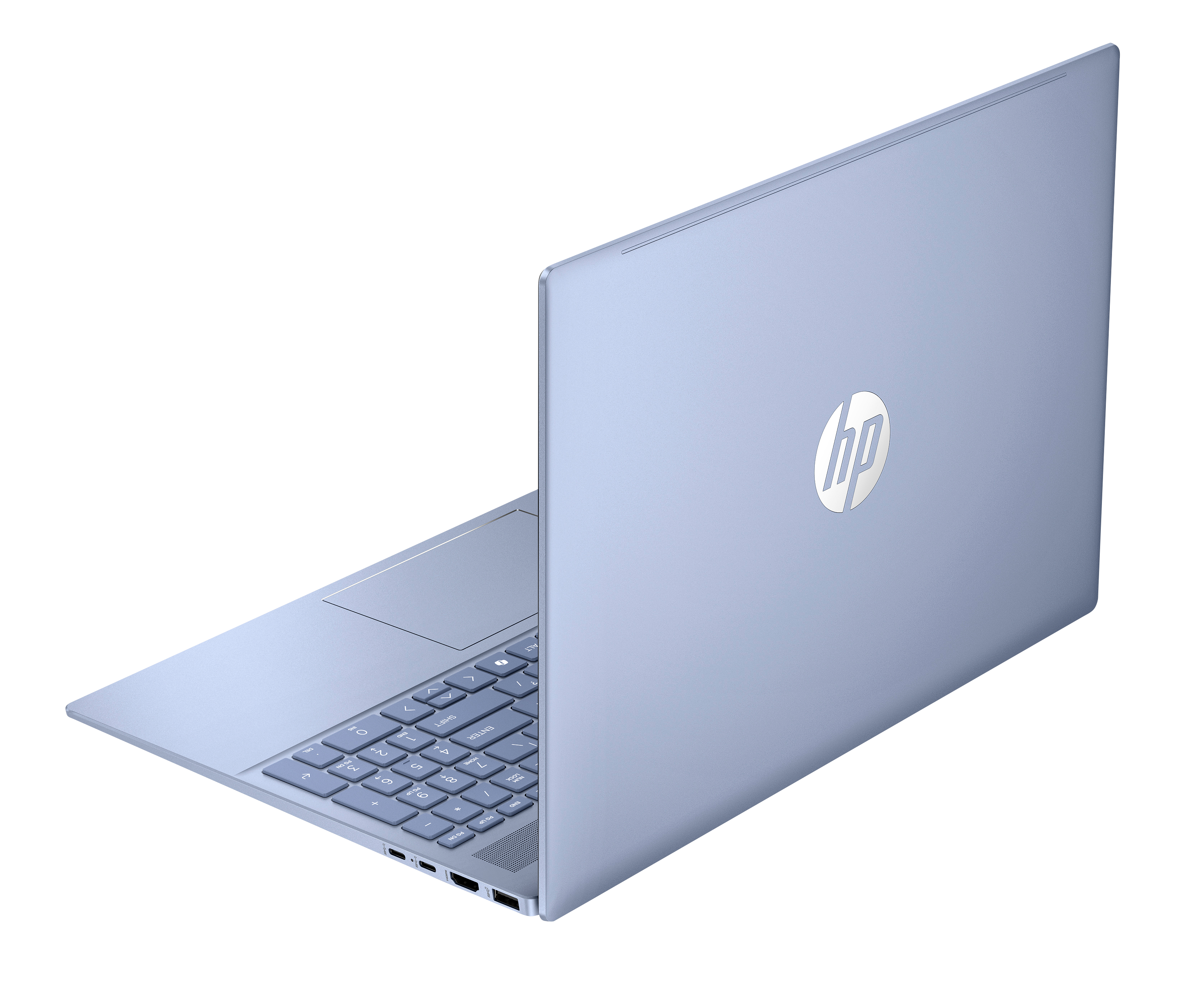 Jasnoniebieski laptop HP z podświetlaną klawiaturą, widziany z lotu ptaka.