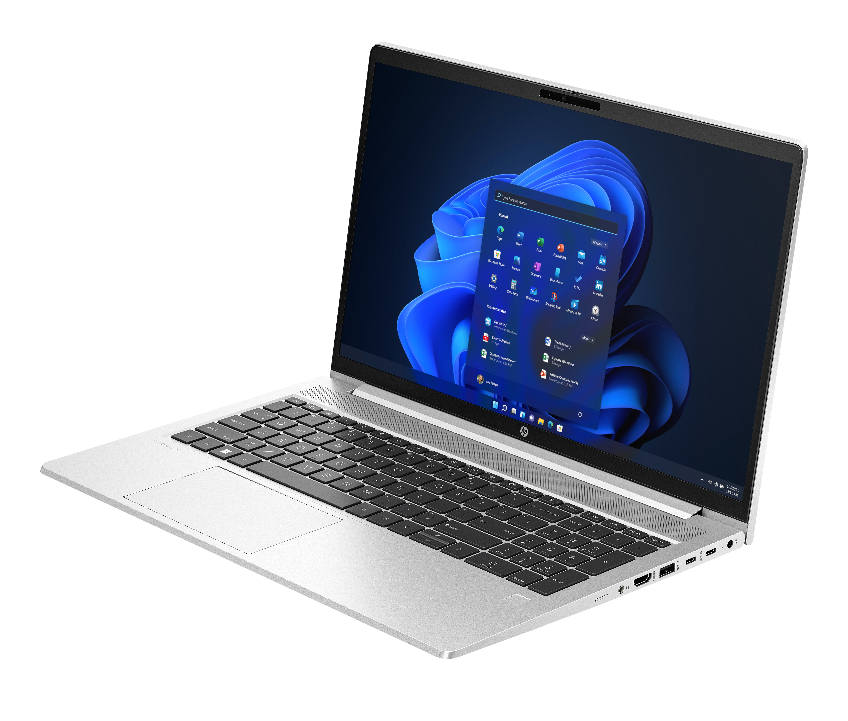 Srebrny laptop HP ProBook z otwartym ekranem wyświetlającym system Windows 11.