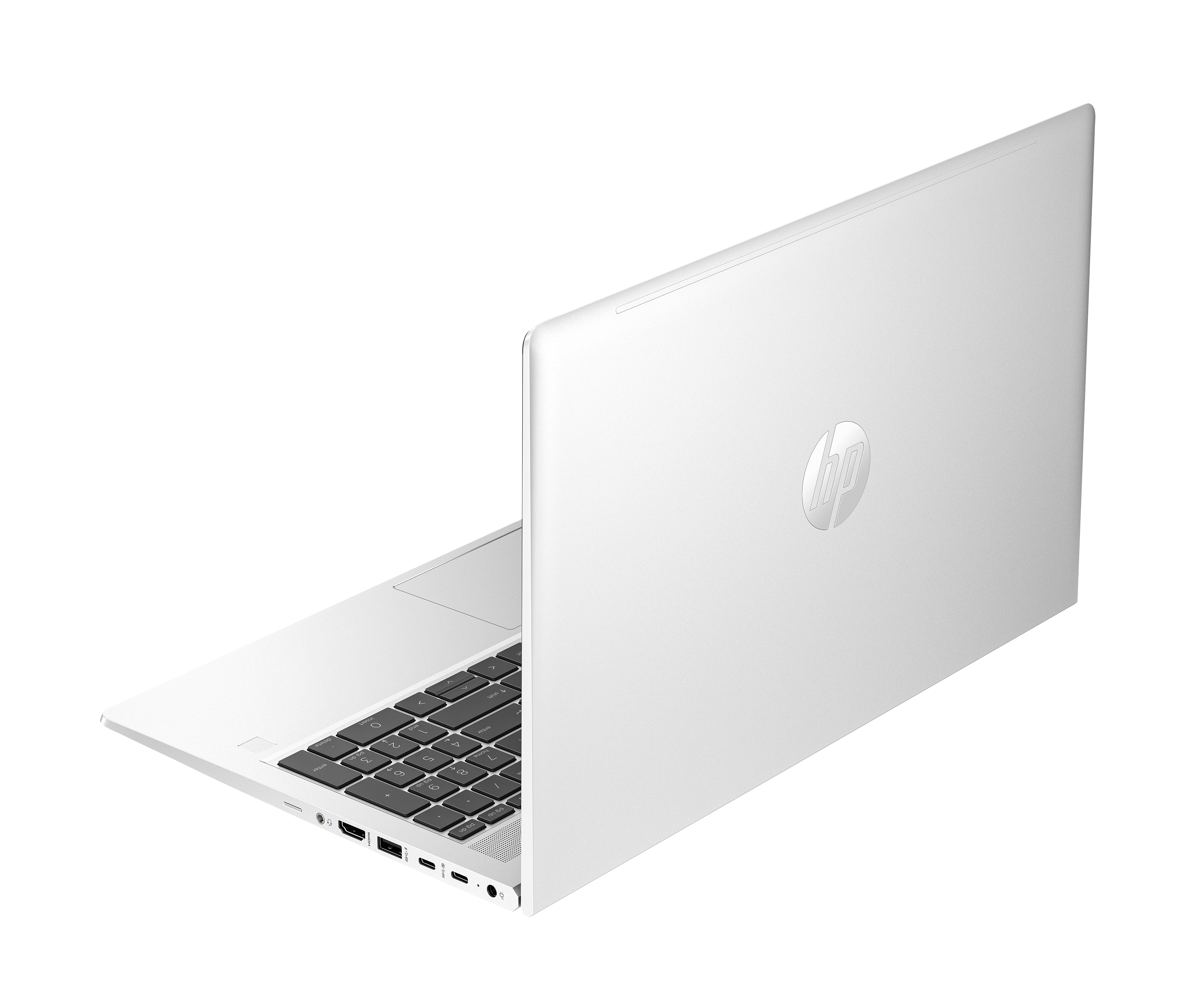 Biały laptop HP jest pokazany pod kątem, z otwartą pokrywą odsłaniającą klawiaturę.