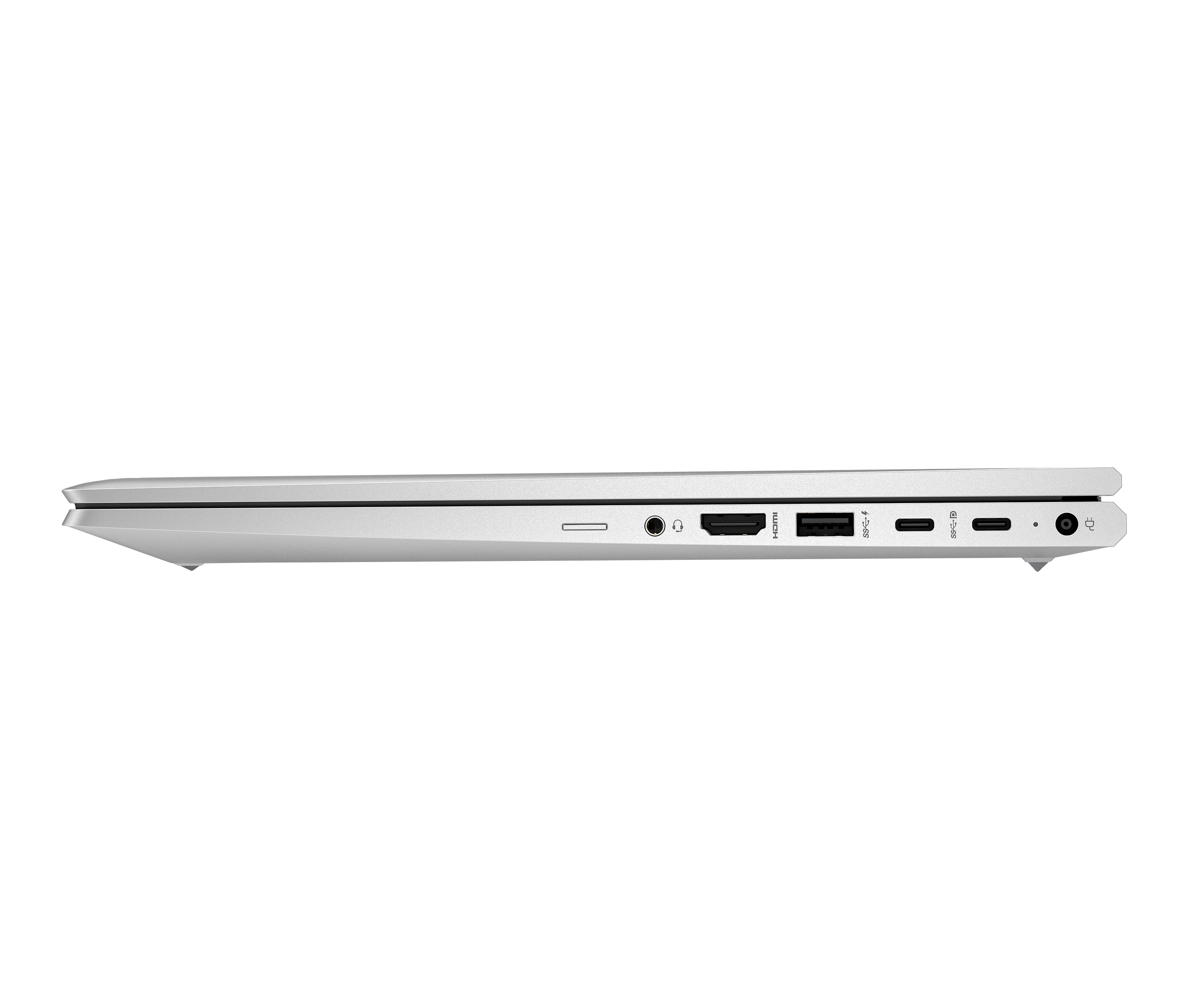 Widok boczny białego laptopa pokazujący porty: USB-C, HDMI, gniazdo słuchawkowe.