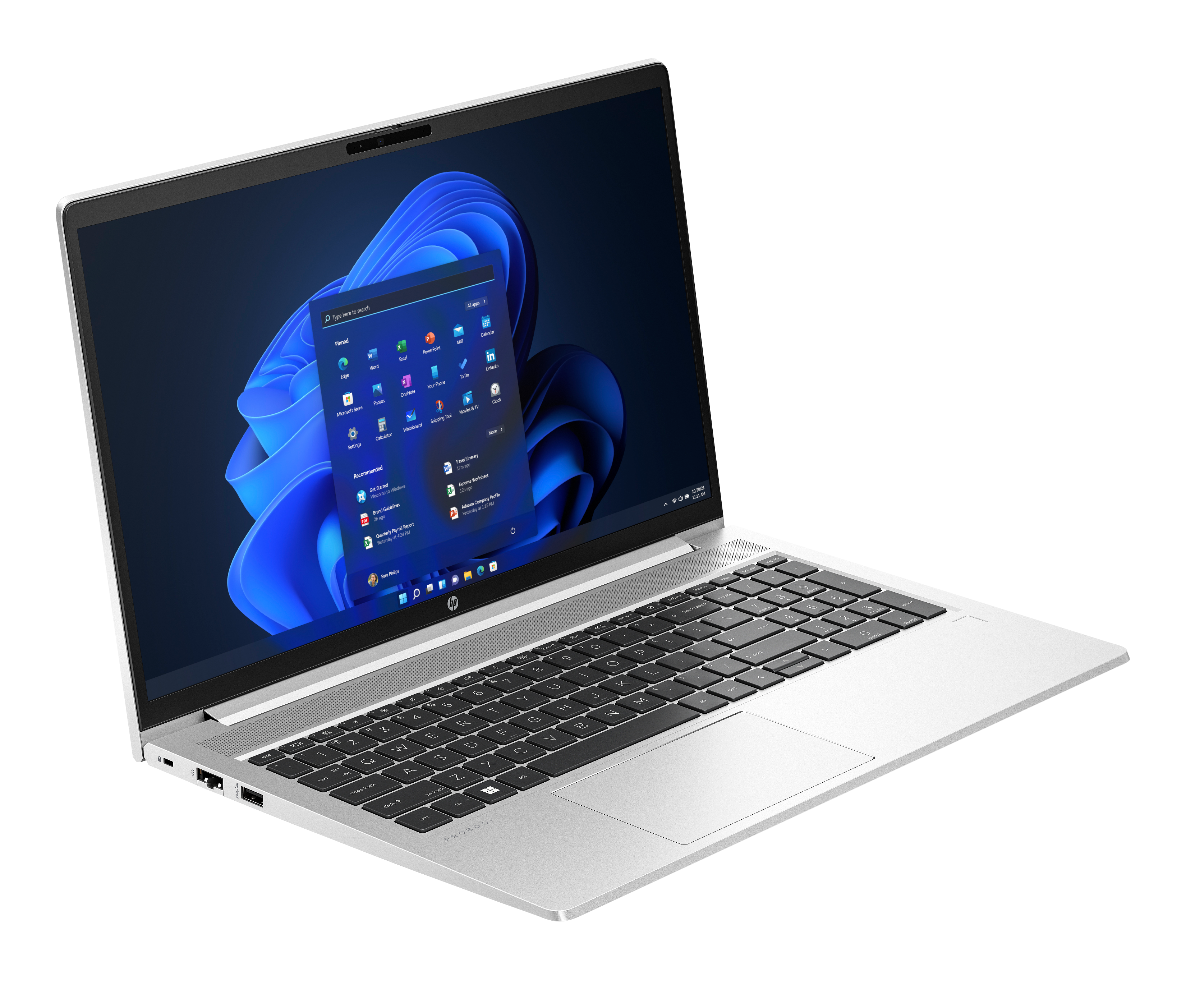 Srebrny laptop z otwartym ekranem pokazującym Windows 11. Klawiatura jest widoczna.