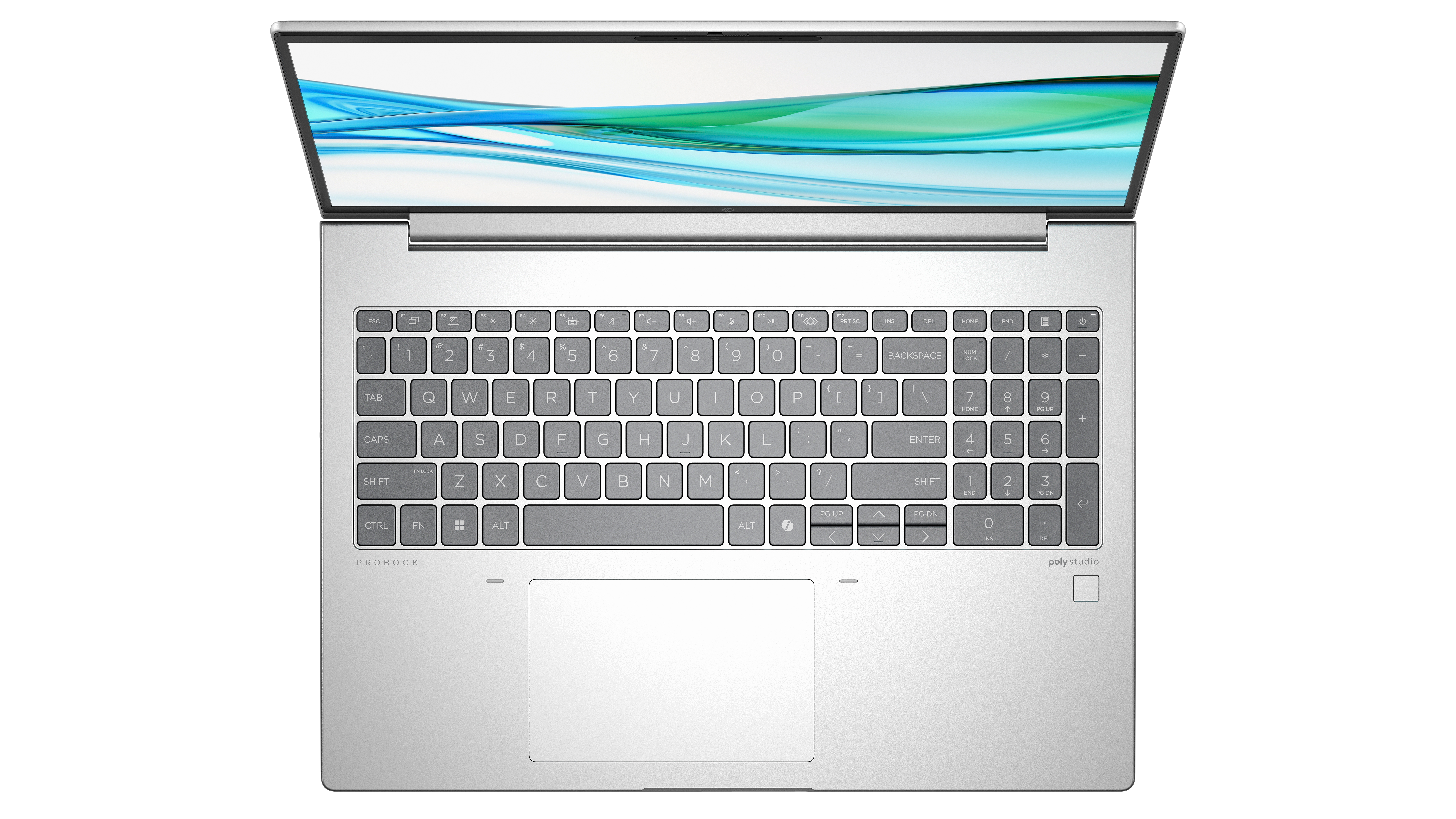 Otwarty srebrny laptop z widoczną klawiaturą i touchpadem.