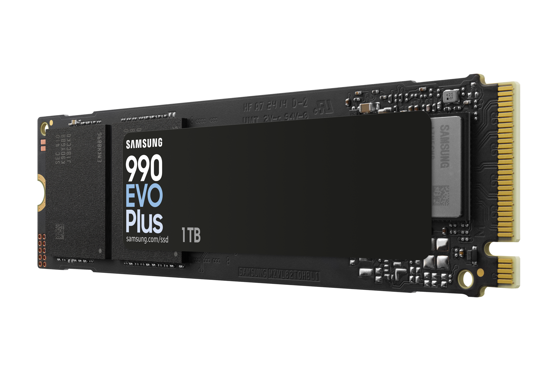Dysk SSD Samsung 990 EVO Plus 1TB ze złotymi złączami na czarnym tle.